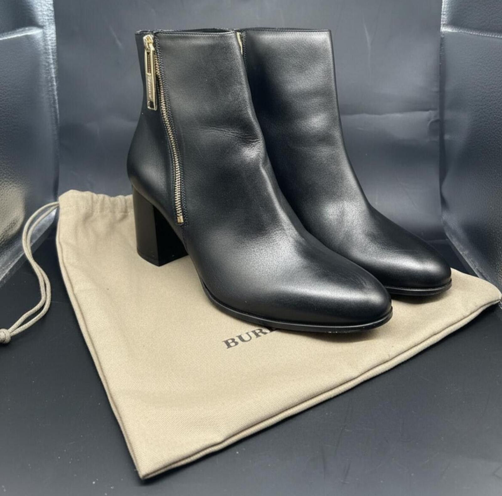 Burberry Burberry Black Leather Block Heel Ankle Boots Gold Zip Size US 8.5 / IT 38.5 - 1 Thumbnail