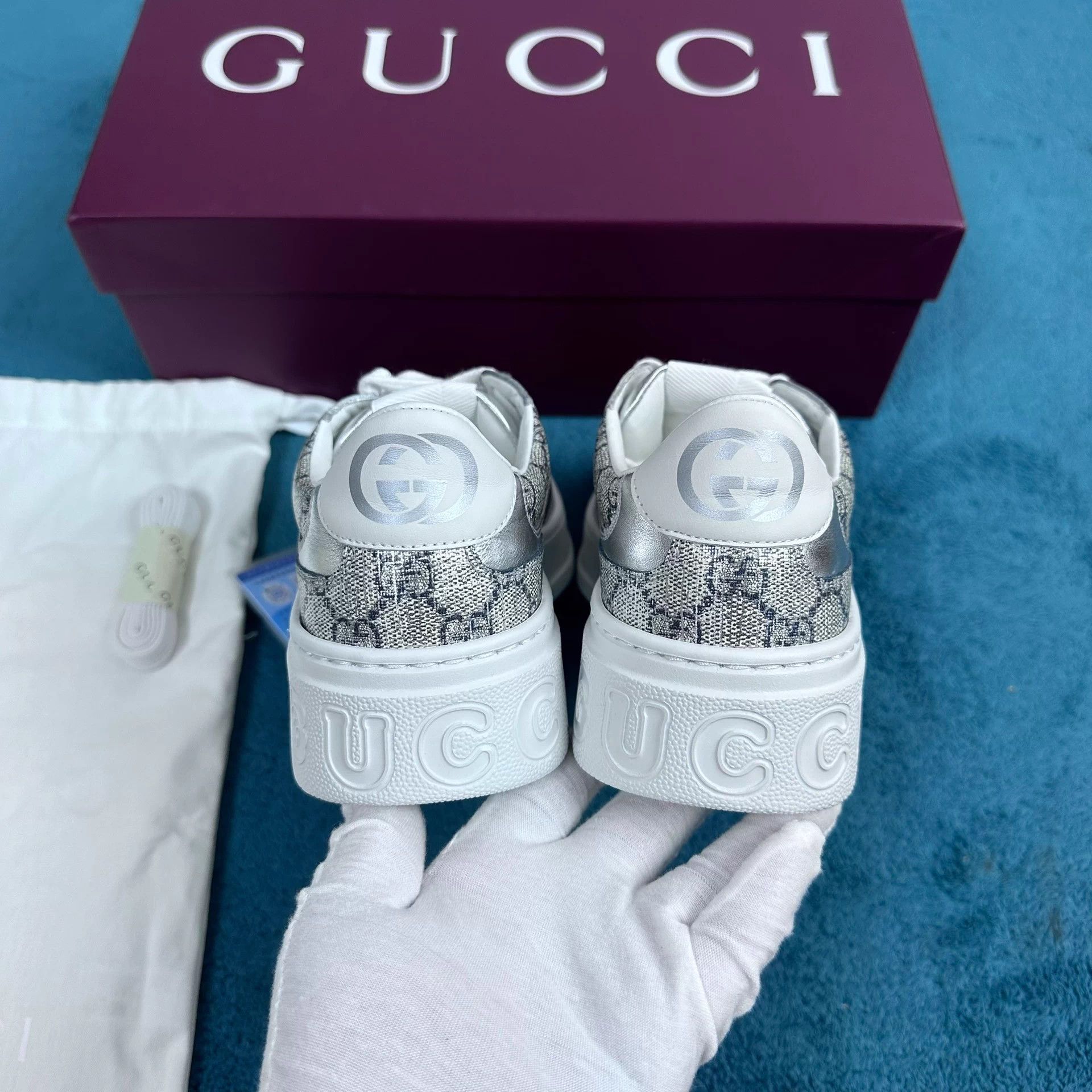 Gucci Gucci GG Supreme leather platform low-top silver Size US 7.5 / IT 37.5 - 4 Thumbnail