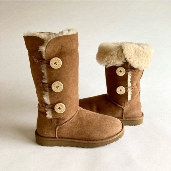 UGG Bailey Button Triplet Chestnut Suede Sheepskin Boots