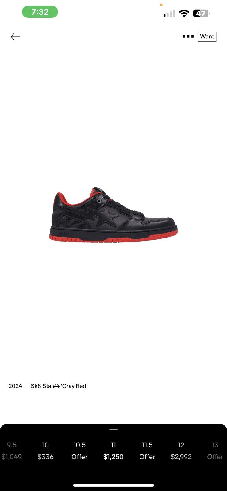 Bape Bape Sk8 Sta #4 Gray Red Size US 11 / EU 44 - 10 Thumbnail