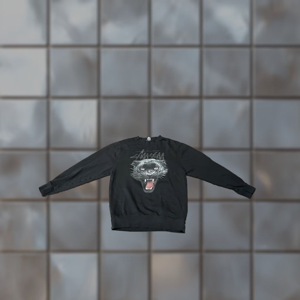 Vintage Stussy VTG Black Panther Graphic Spellout Crewneck Sweatshirt M Black USA Mens Distressed Size US 31 - 1 Thumbnail