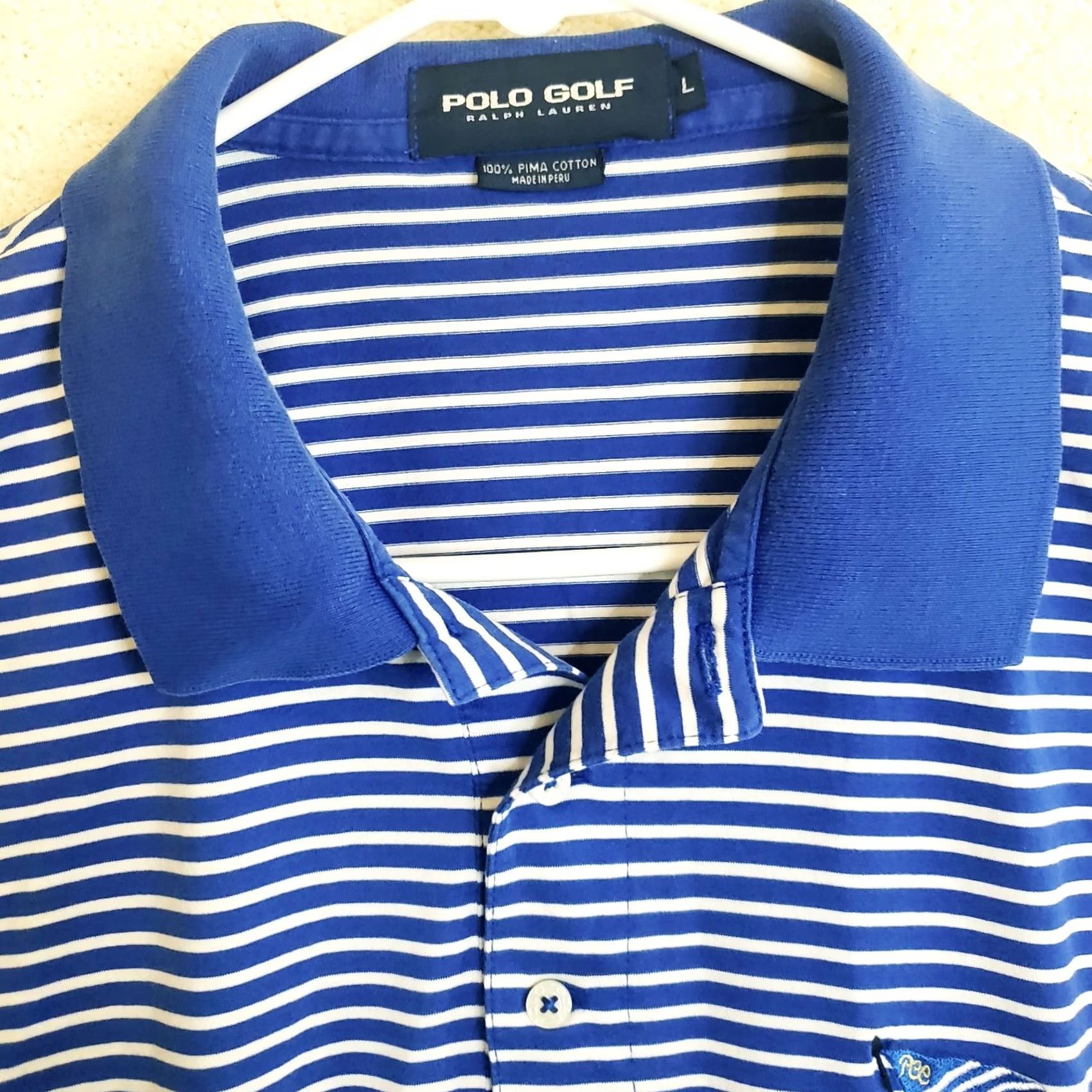 Ralph Lauren VINTAGE Polo Golf Ralph Lauren Pima Cotton Shirt Men's L Blue Stripe SS Flag Logo Size US L / EU 52-54 / 3 - 5 Thumbnail
