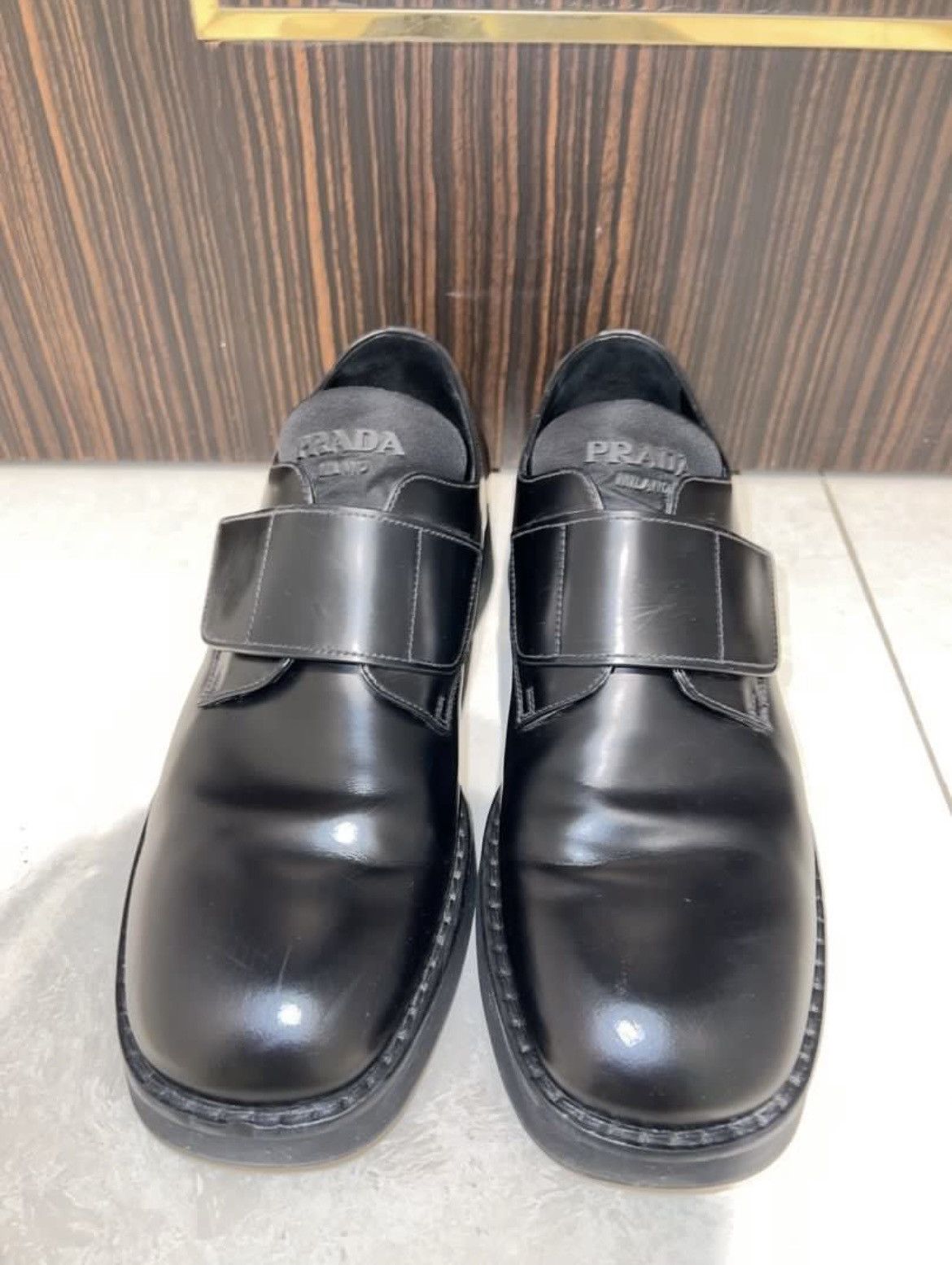 image of Prada Velcro Strap Leather Derby - Size 41.5 Shoes in Black, Men's