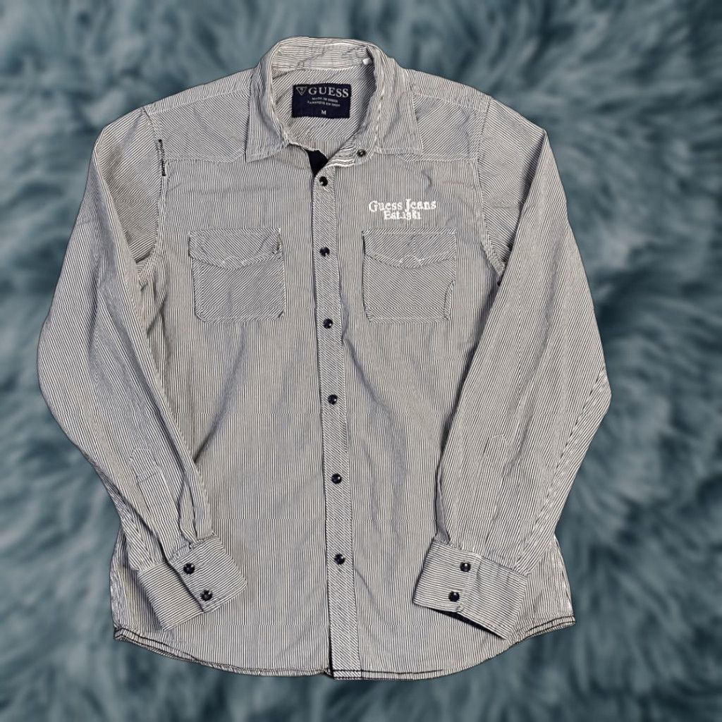 VINTAGE Guess Jeans Striped Pearl Snap Shirt Mens M Blue 90s Western-Style Shirt Mens M White Pearl Snap Western-Style Guess Jeans 90s