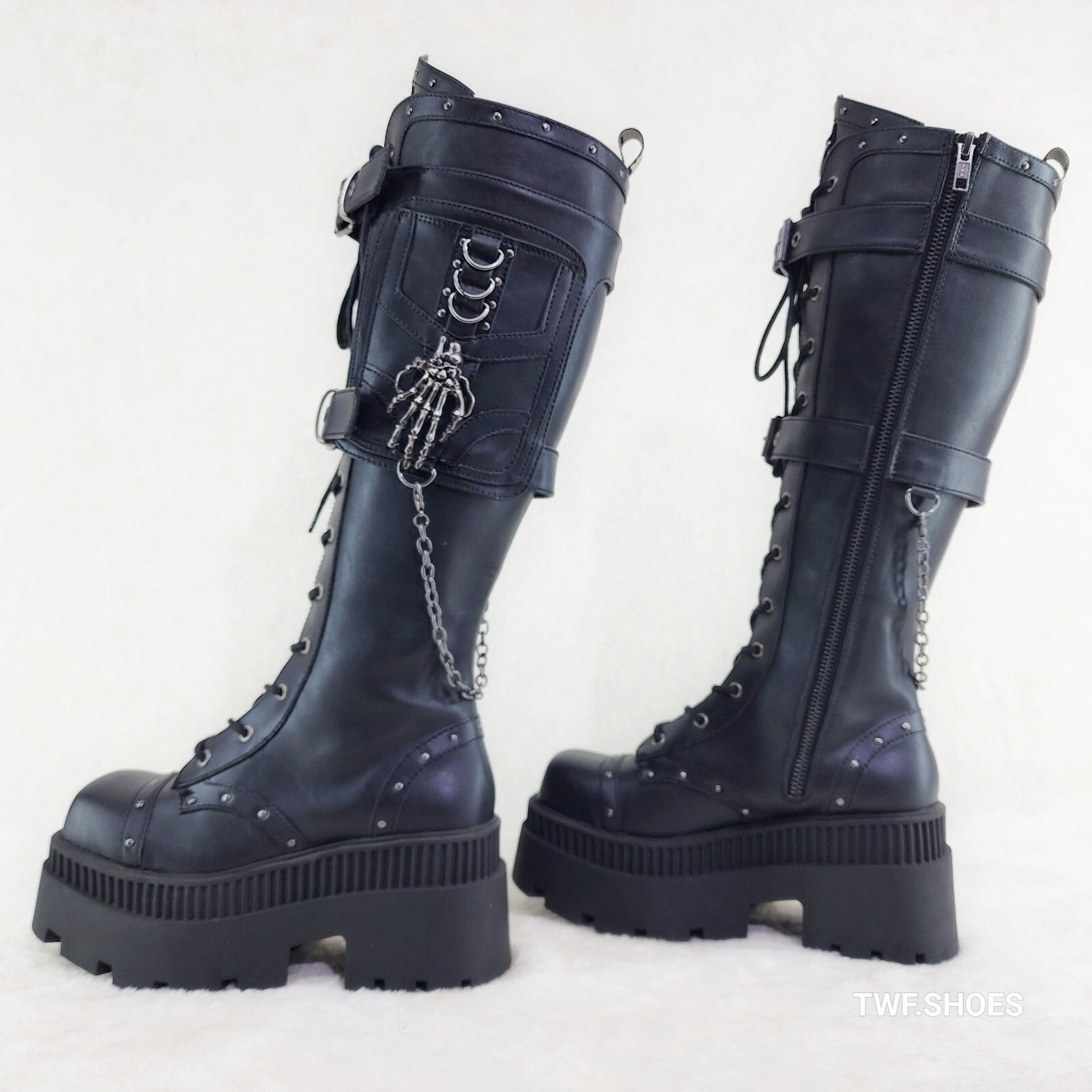 DEMONIA Wicked Wrath Square Toe Goth Lace Up Knee High Boots