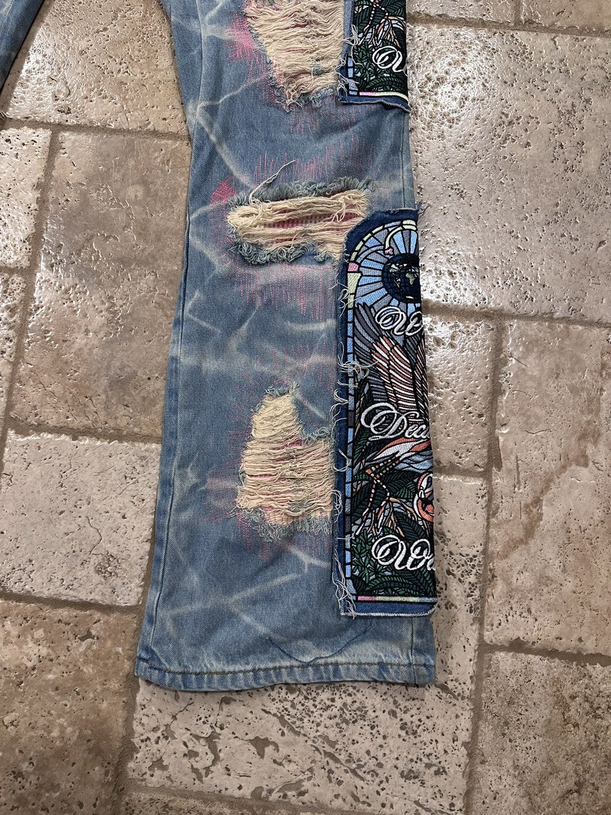 Who Decides War WDW Pink Flamingo Patch Fusion Denim Jeans