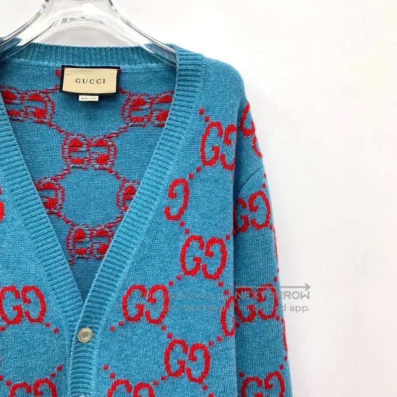 Gucci Gucci Blue logo jacquard full-print wool V-neck single-bre Size US L / EU 52-54 / 3 - 3 Thumbnail