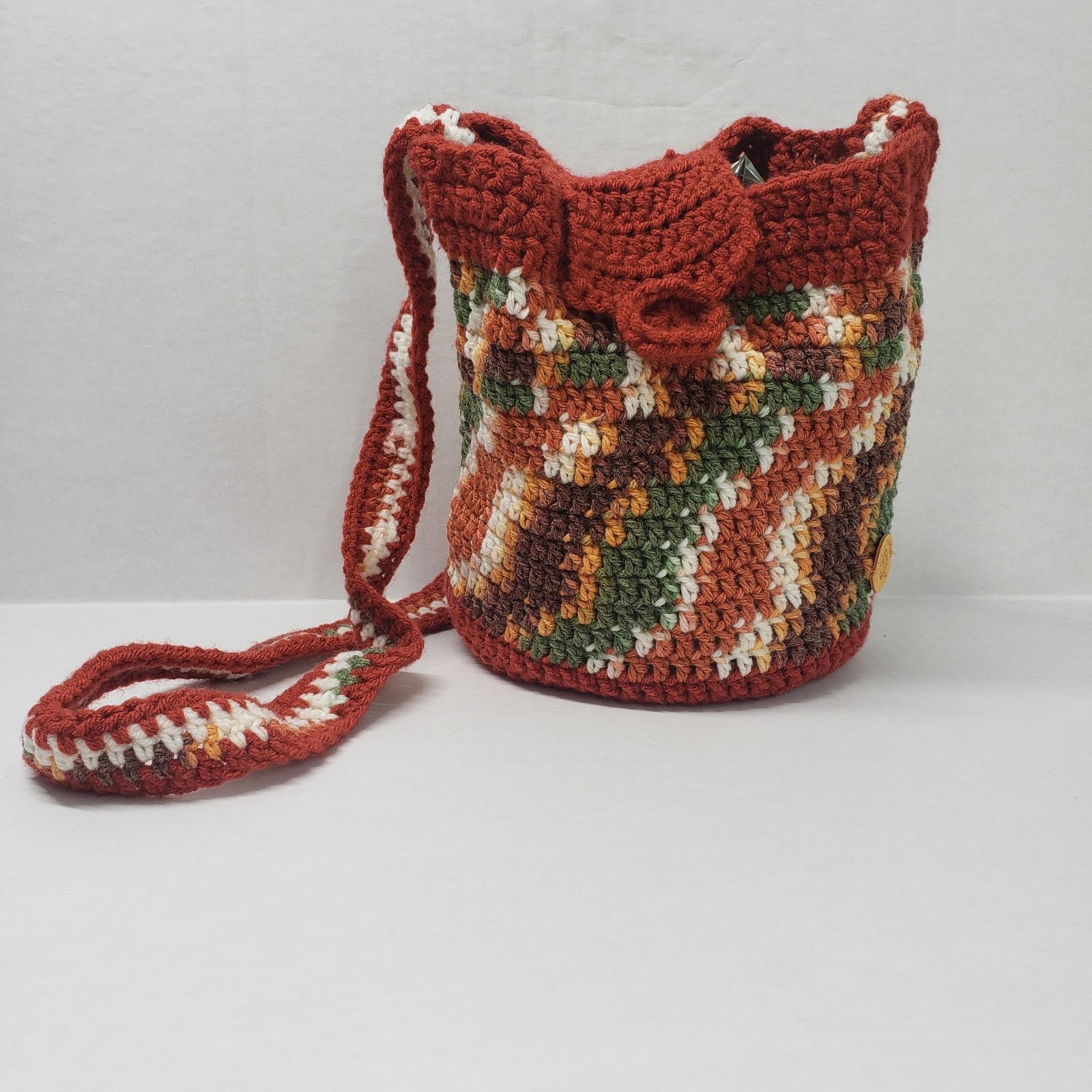 Handmade Striped Crochet Crossbody Bucket Bag Brown Small Handmade Size ONE SIZE - 14 Thumbnail