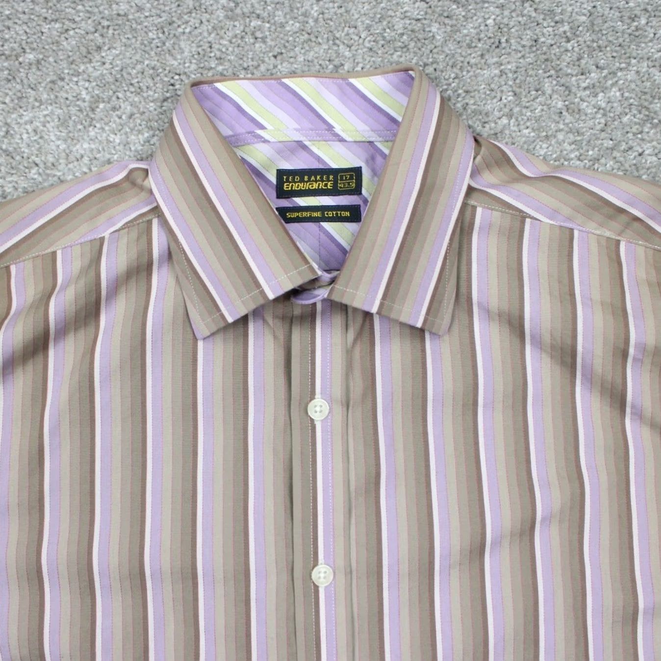 Ted Baker Ted Baker Dress Shirt Men 17, 43.5 Brown/Purple Cotton Long Sleeve French Cuff L/S Button-Down 90s London Dress Shirt Mens Size 46R - 6 Thumbnail