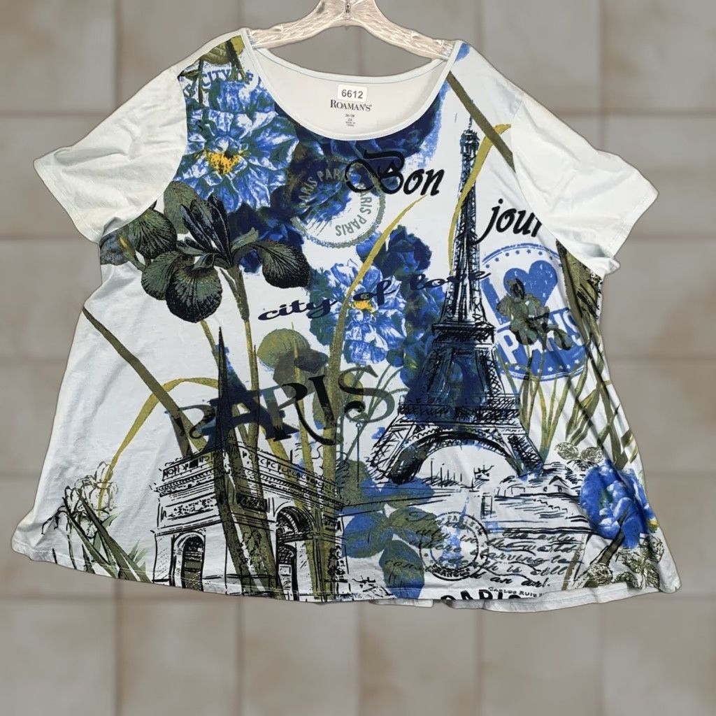 Vintage VINTAGE Roaman's Women's 2X Paris Floral T-Shirt Casual Short Sleeve Cotton Rayon Blue All Seasons Size XXL / US 16-18 / IT 52-54 - 1 Thumbnail