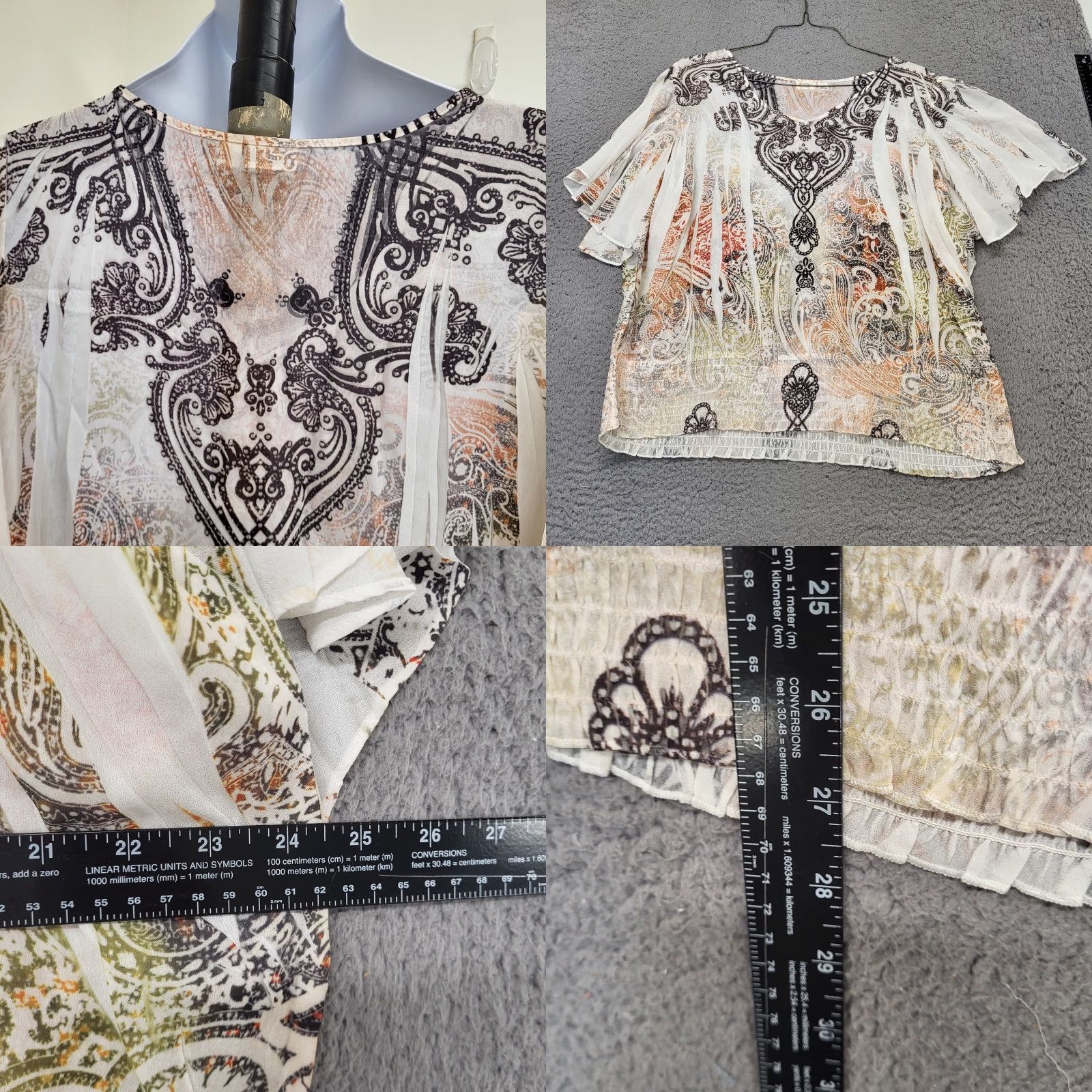 Vintage CATO Blouse Women's Plus Size 22/24W Creamy Browns Round Neck Boho Western Top Shirt Womens Bohemian Paisley Flutter Sleeve Short Sleeve Casual Size 3XL / US 20-22 - 8 Thumbnail