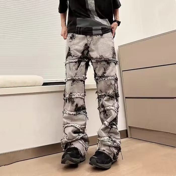 image of Distressed Denim Y2K Baggy Stacked Jeans Pants in Black, Men's (Size 34)