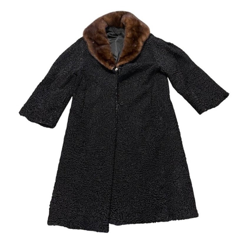 Vintage 50s Persian Lamb Mink Collar Coat Black Curly Lined Jacket M Size M / US 6-8 / IT 42-44 - 1 Thumbnail