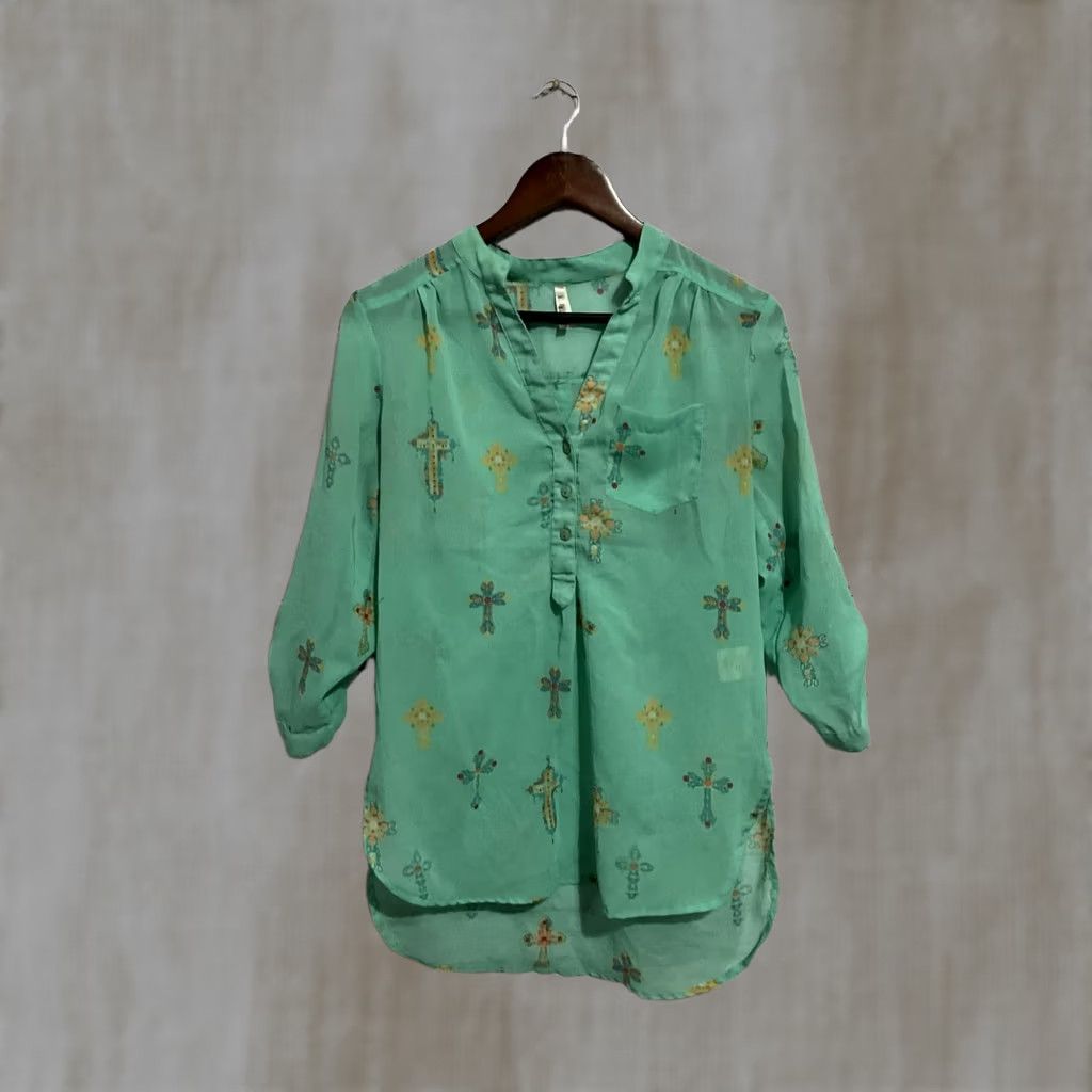 Vintage Live & Truth Blouse Shirt Women Mint Green Cross Print 3/4 Sleeve Size S Regular Button Cotton Chiffon Size S / US 4 / IT 40 - 1 Thumbnail