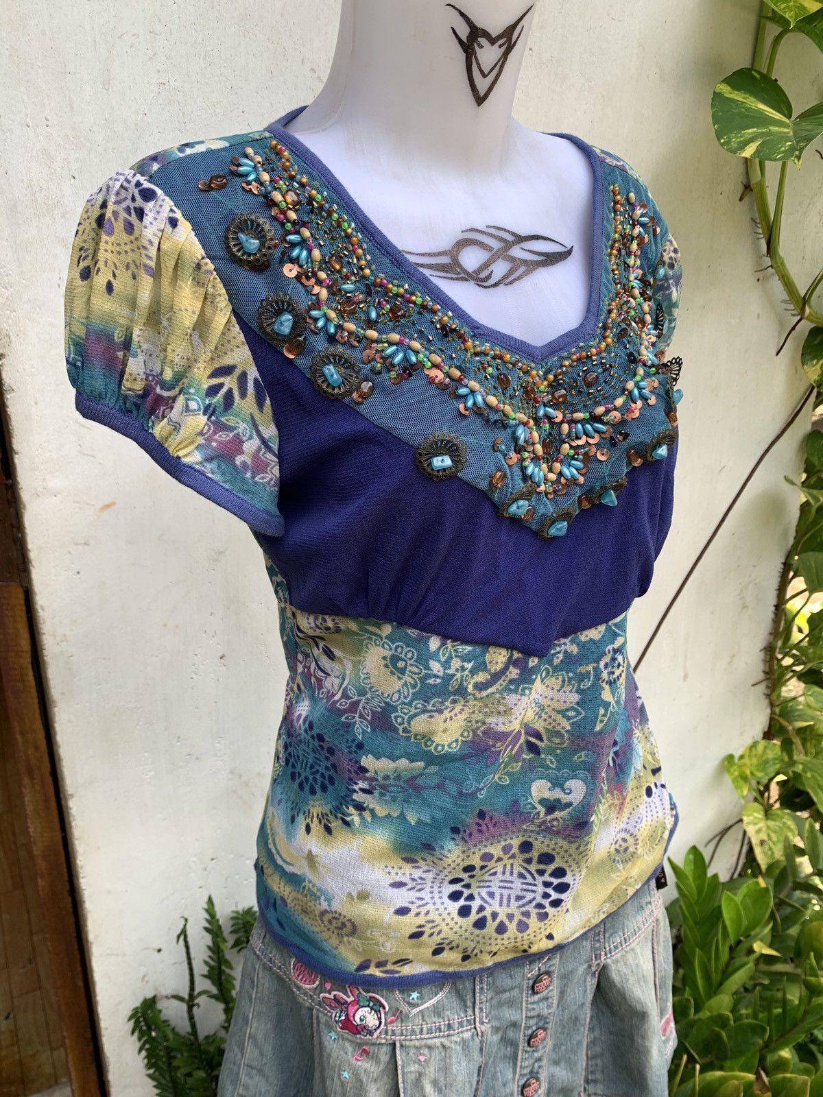 Japanese Brand y2k PSFR Unique Beady Rings Multifabric Graphic Mesh Top Size L / US 10 / IT 46 - 2 Thumbnail