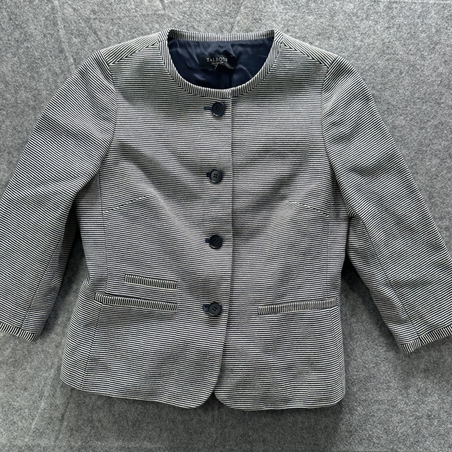 Talbots Talbots Blazer Jacket Womens 6P Petite Navy White Stripe 3/4 Sleeve Lined Career Size M / US 6-8 / IT 42-44 - 3 Thumbnail