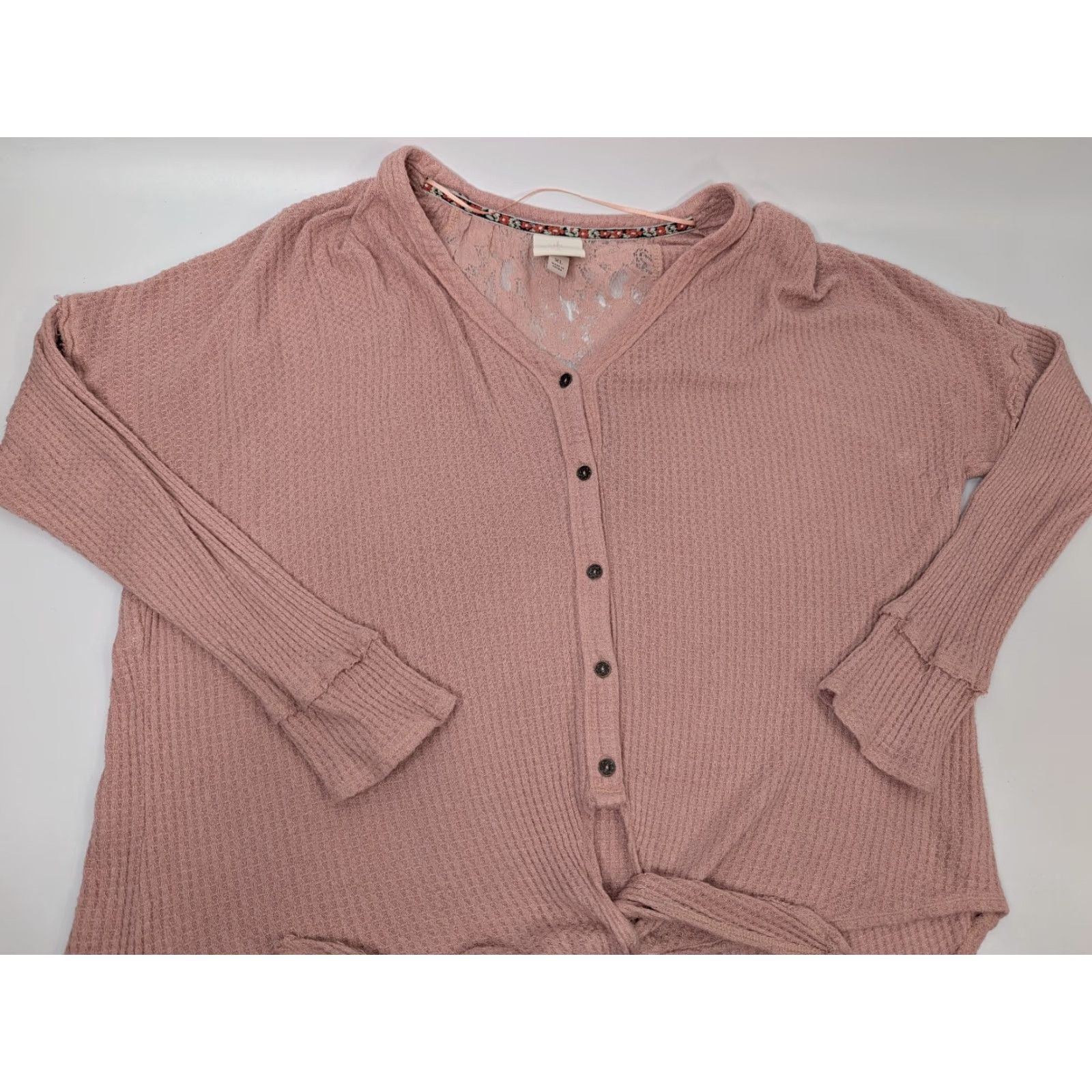 Vintage Knox Rose Women’s Pink Waffle Knit Thermal Tie Front Long Sleeve Lace Top XL Blouse Size XL / US 12-14 / IT 48-50 - 2 Thumbnail