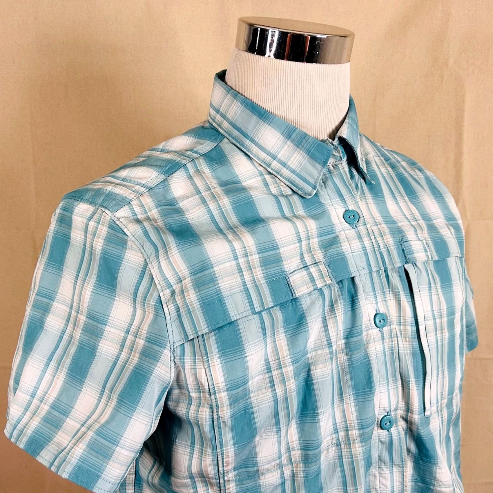 Vintage L.L. Bean Women's Teal Plaid Button Up Shirt Large Regular Fit Hiking Top Size L / US 10 / IT 46 - 2 Thumbnail