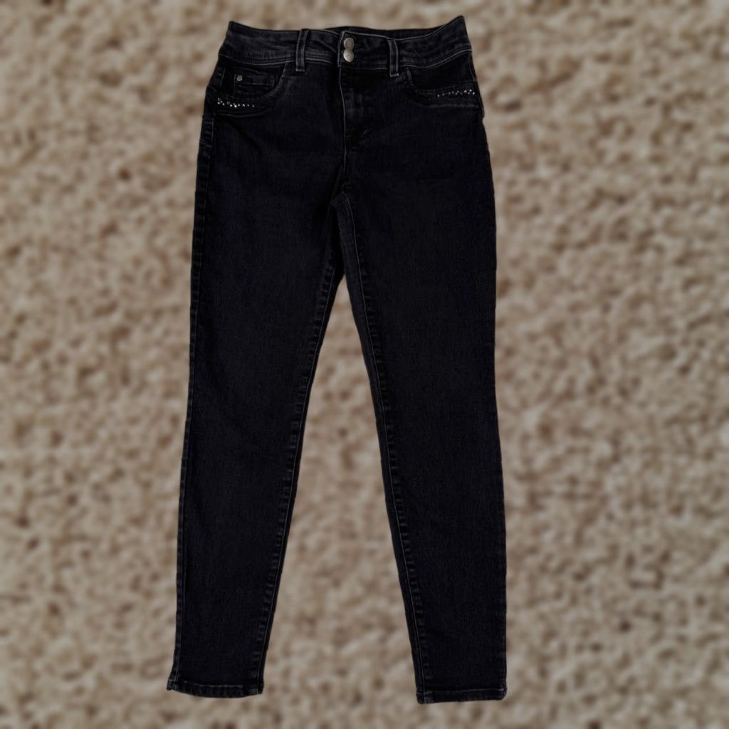Vintage D. Jeans Women Jeans Black 8 Mid Rise Skinny Denim 28x27 5-Pocket Rhinestone Distressed Cotton Regular Size 30" / US 8 / IT 44 - 1 Thumbnail