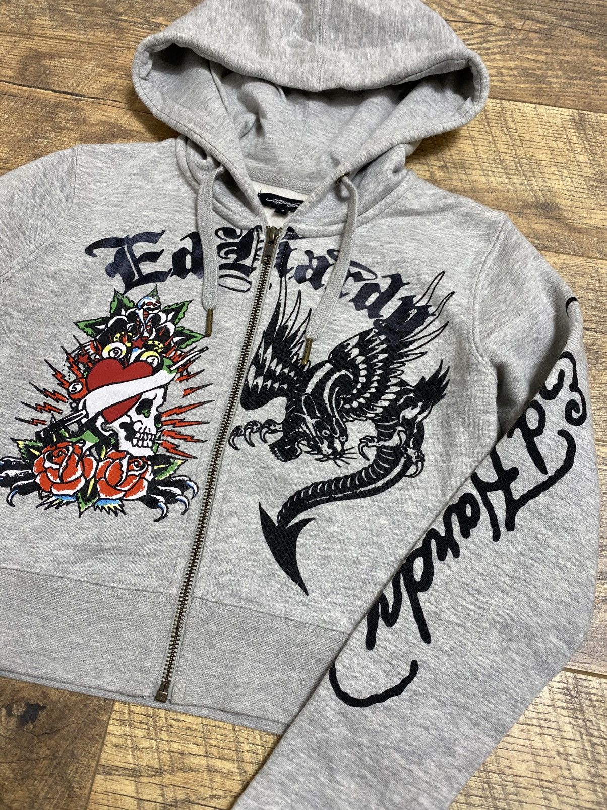 Ed Hardy Ed Hardy Y2K Grey Cropped Tattoo Graphic Zip-Up Hoodie S Size S / US 4 / IT 40 - 2 Thumbnail