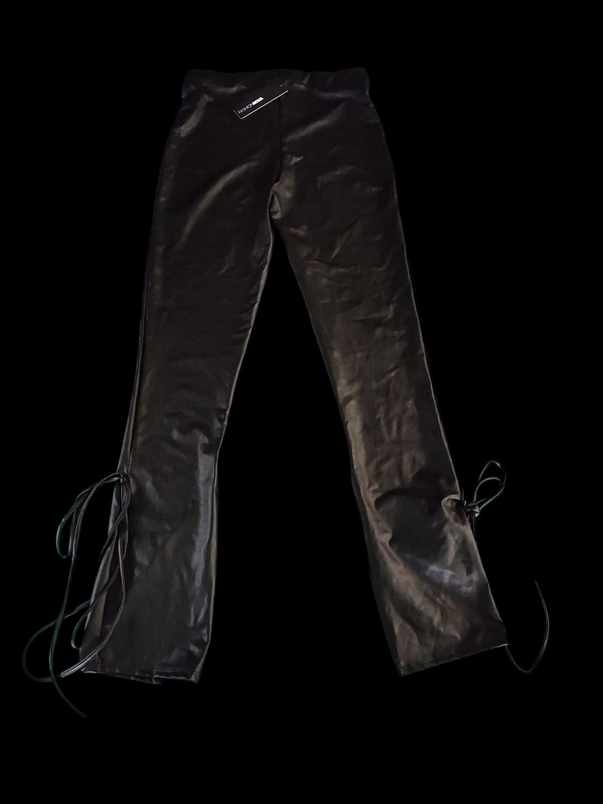 Fashion Nova Fashion Nova Black Faux Leather Flared Pants/Side Tie Detail Size 40" / US 18 - 6 Thumbnail