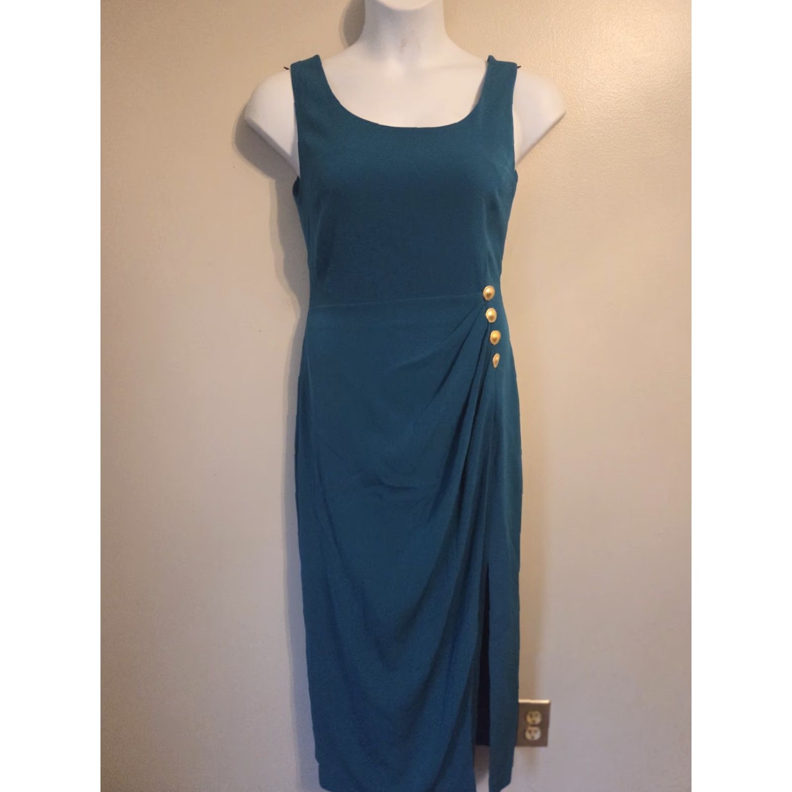 Evan Picone VINTAGE Evan Picone Sleeveless Teal Sheath Dress 12 Gold Buttons Midi Blue Womens Sleeveless Dress Size XL / US 12-14 / IT 48-50 - 2 Thumbnail