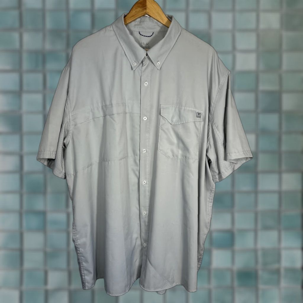 Vintage Huk Tide Point Shirt Men's 3XL Button-Up Short Sleeve Gray Polyester Breathing Pockets Embroidered Logo Vented Performance Guide Size US XXL / EU 58 / 5 - 1 Thumbnail