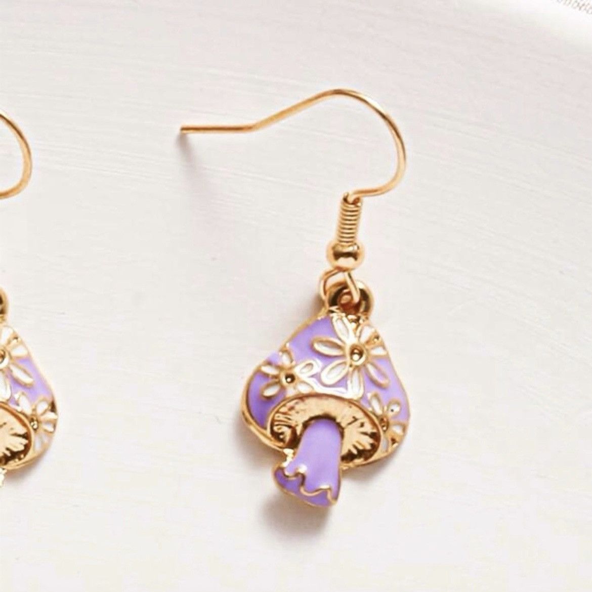 Other Gold Tone Purple Enamel Mushroom Floral Cute Dangle Earrings Size ONE SIZE - 10 Thumbnail