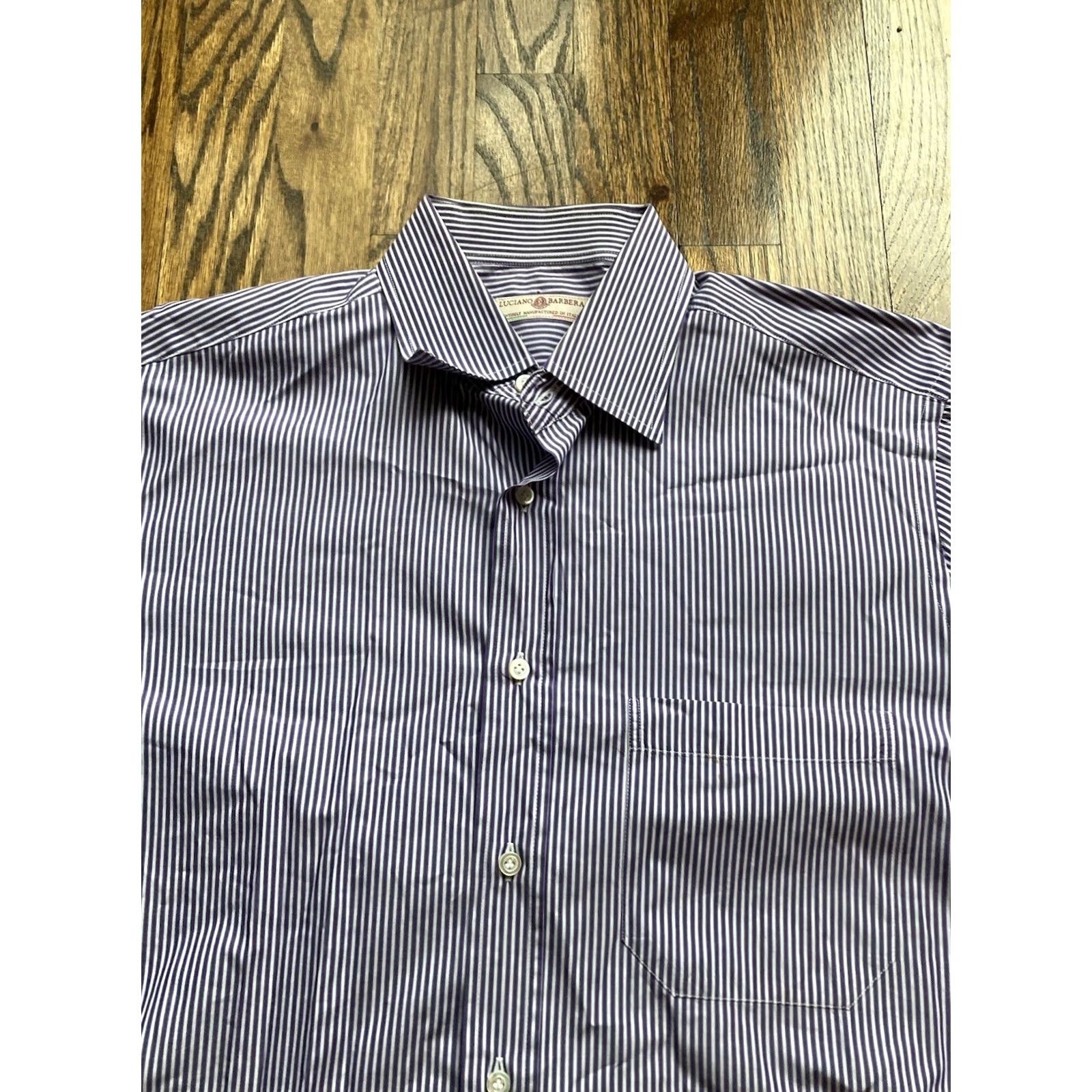 Vintage LUCIANO BARBERA Mens Large Striped Dress Shirt Purple Made In Italy Cotton Size 42R - 4 Thumbnail