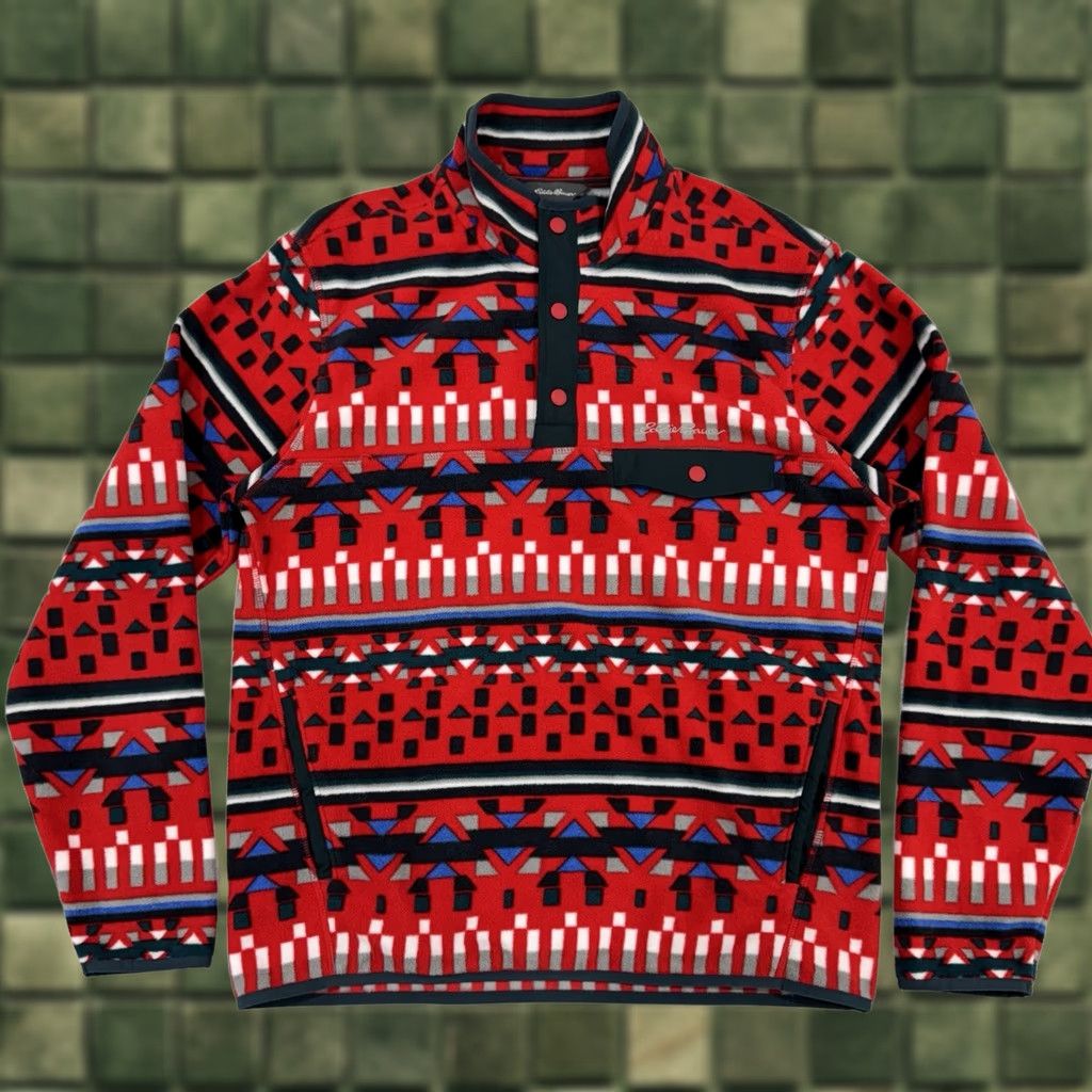 Eddie Bauer Eddie Bauer Sweater Geometric Pattern Mock Neck Pullover Red 1/4 Snap Men’s M Medium Pocket Aztec Outdoor Size US M / EU 48-50 / 2 - 1 Thumbnail