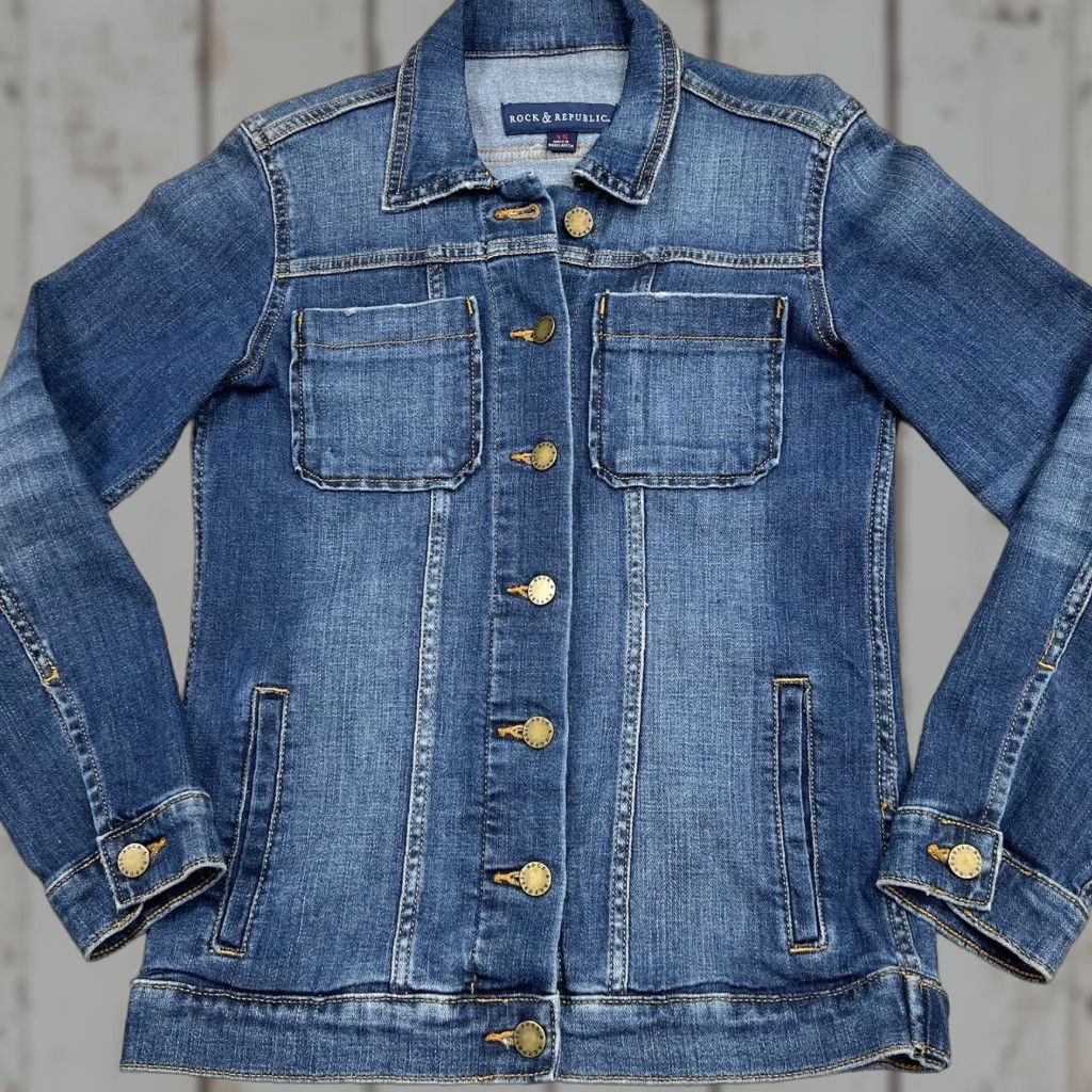 Vintage Rock & Republic Jean Jacket Women’s XS Distressed Medium Wash Denim Runaway 80s Music Casual Size 26" / US 2 / IT 38 - 1 Thumbnail