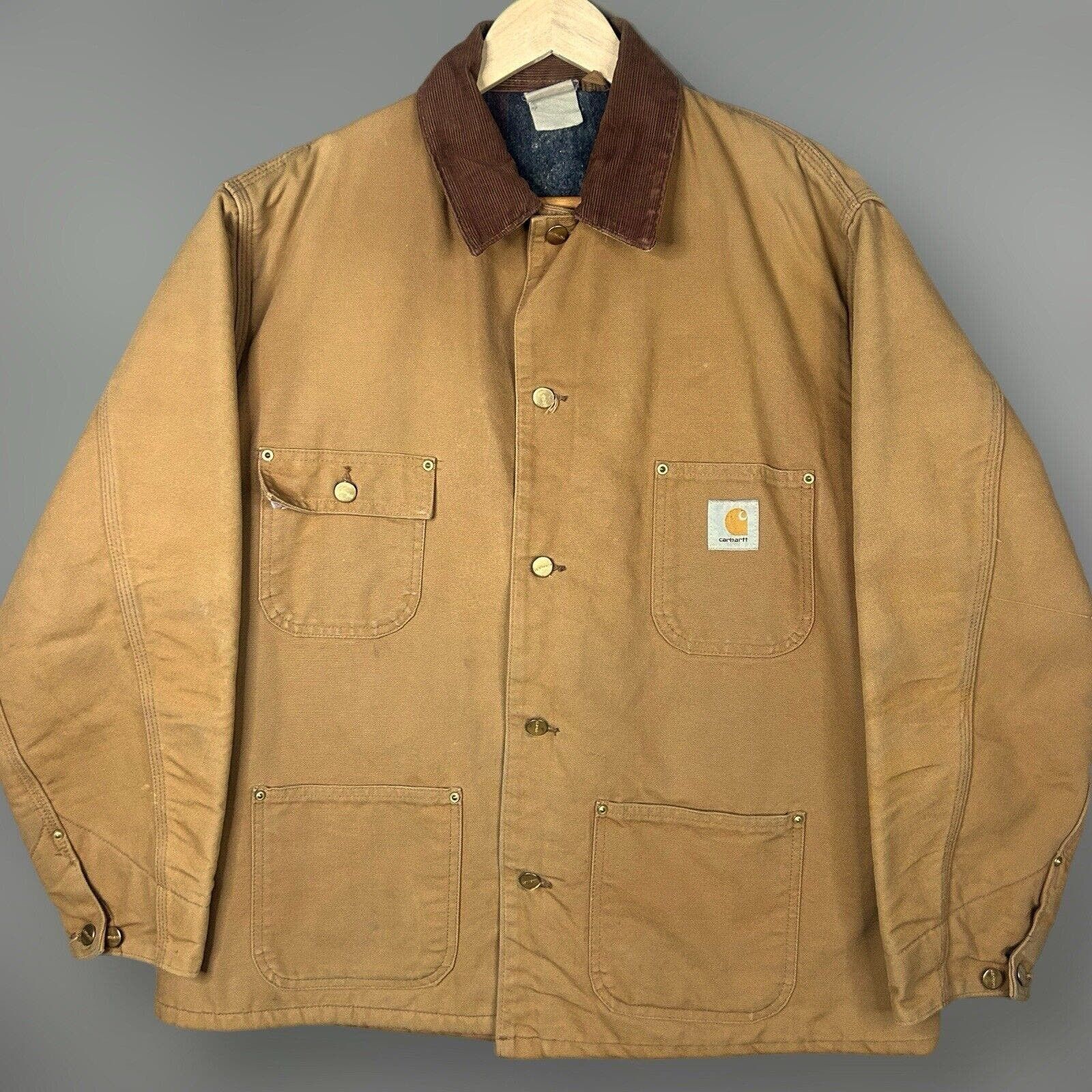 image of VTG Carhartt Chore Jacket Blanket Lined Tan XL Canvas Hooded in Brown, Men's