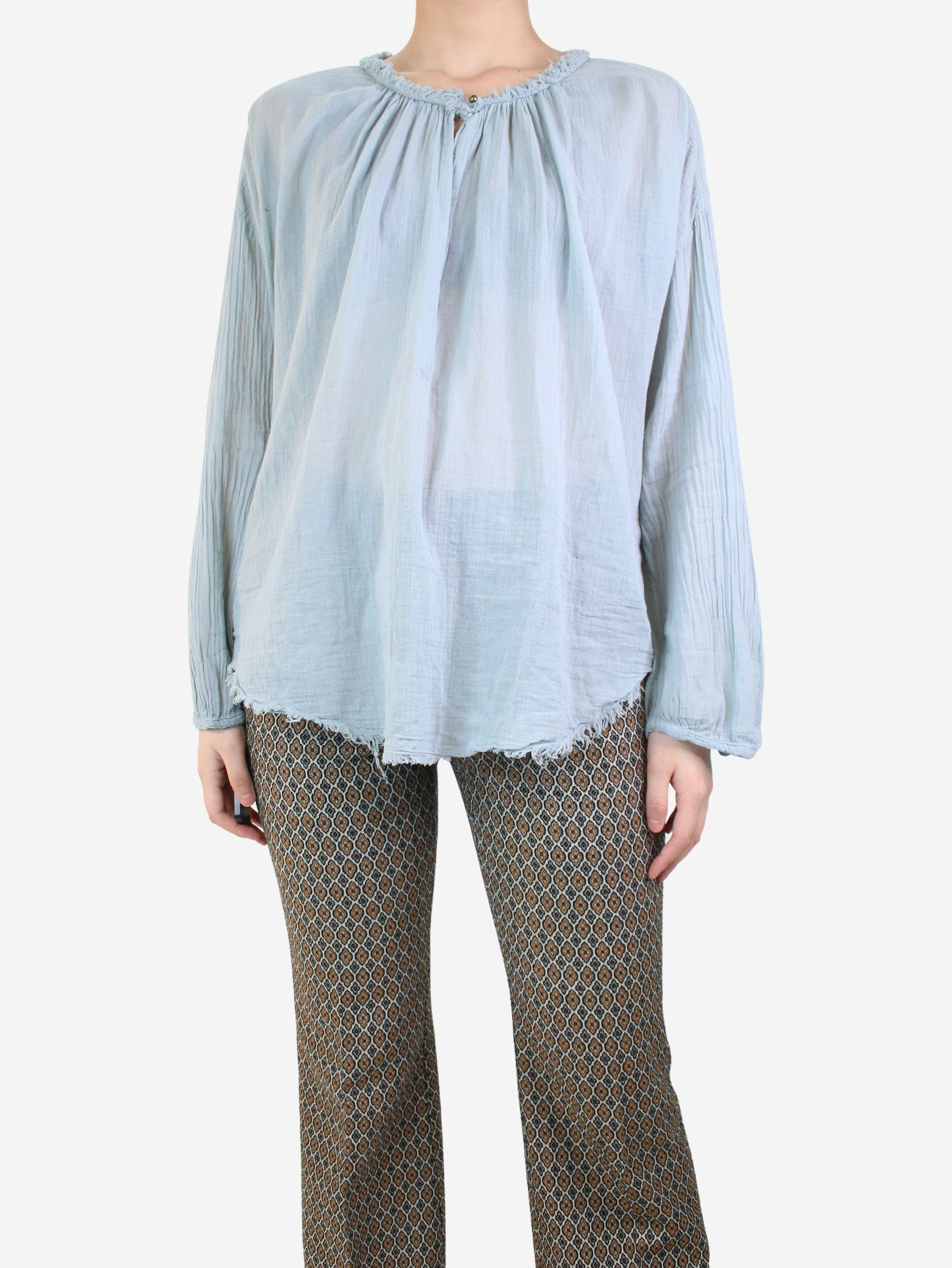 image of Raquel Allegra Blue Creased Distressed Blouse - Size L, Women's