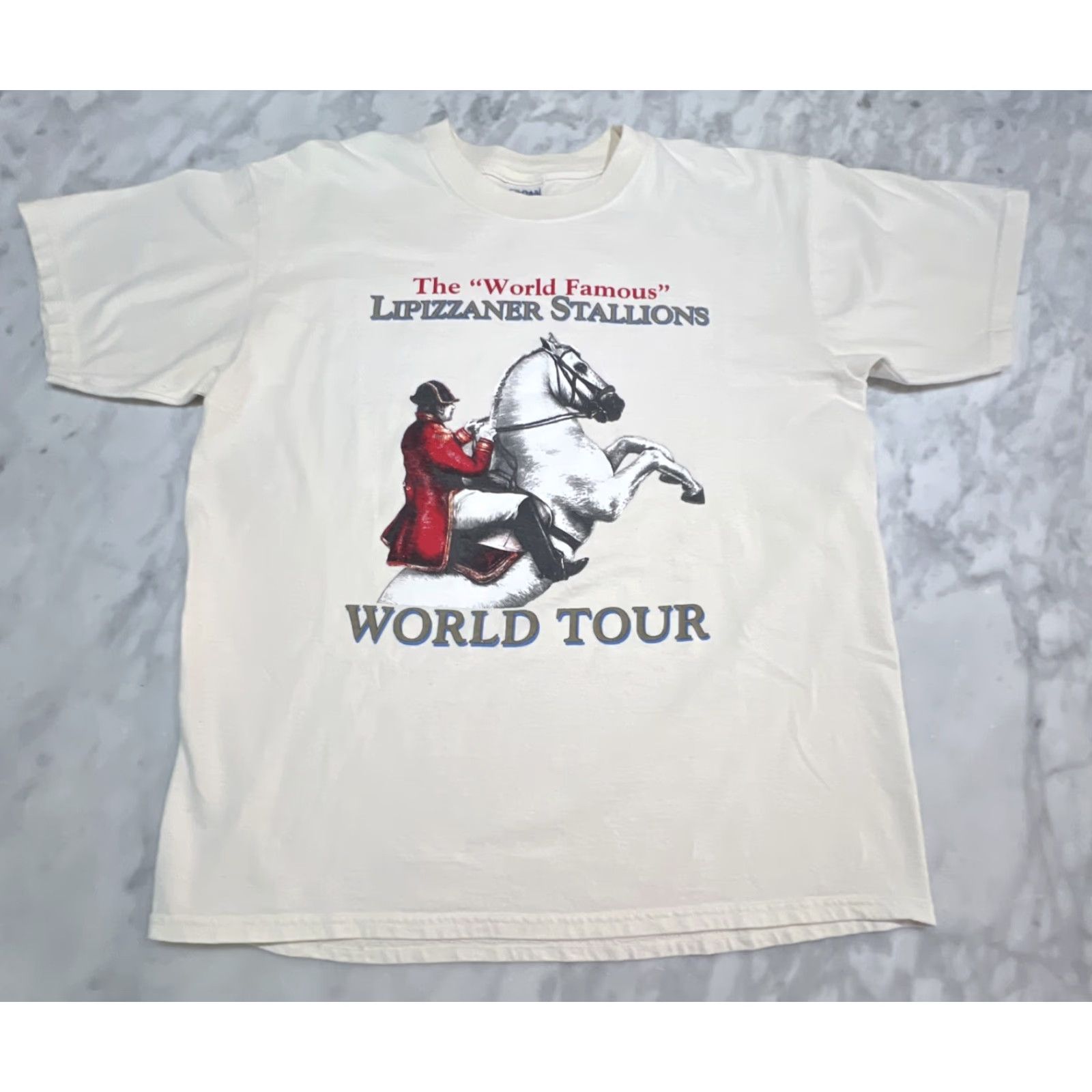Gildan VINTAGE Lipizzaner Stallions World Tour T Shirt Men's Large Graphic Print Beige 90s Horse Gildan Ultra Cotton Size US L / EU 52-54 / 3 - 2 Thumbnail