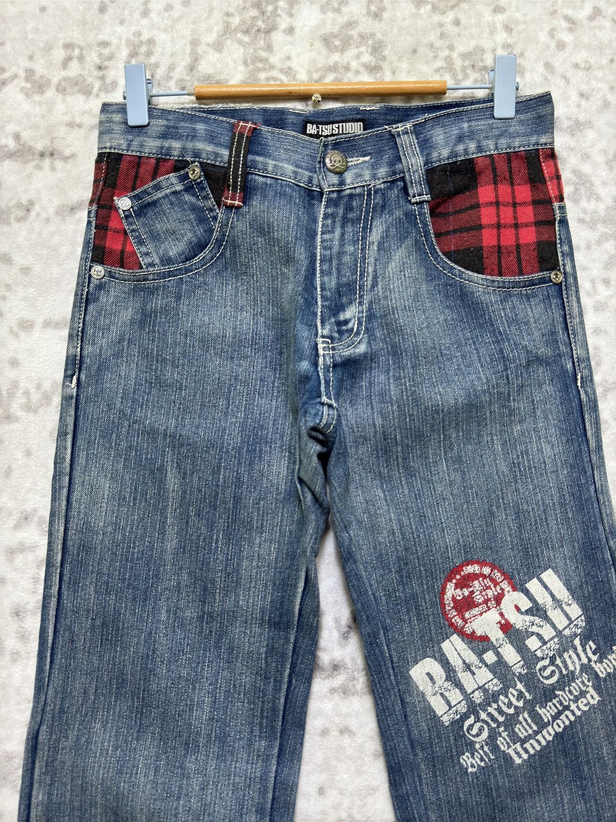 Hysteric Glamour Batsu Studio Punk Streetwear Graphic Tartan Patch Denim Size US 29 - 3 Thumbnail