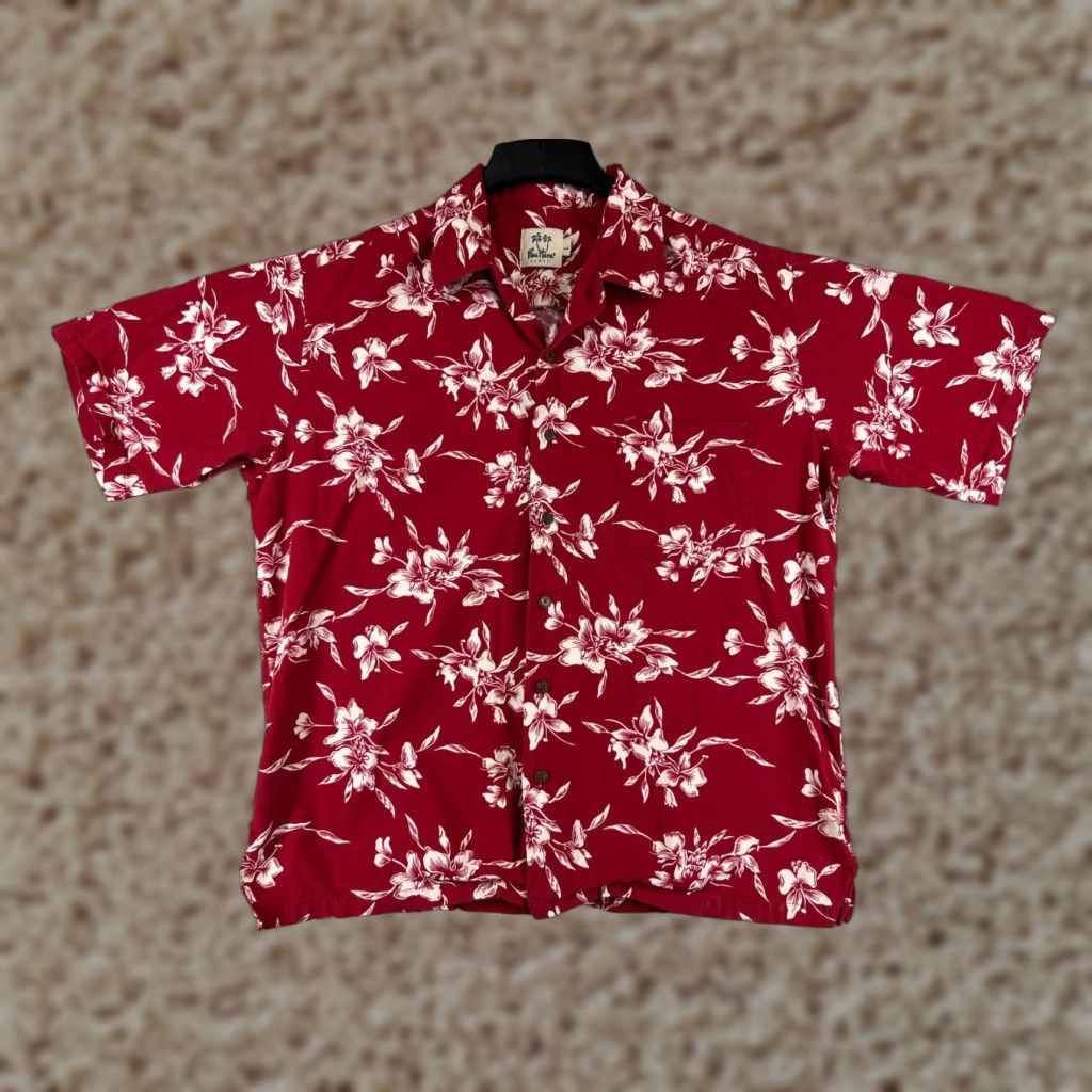 Pau Hana Shirt Men Hawaiian Button-Up Adult Large Red Floral Short Sleeve