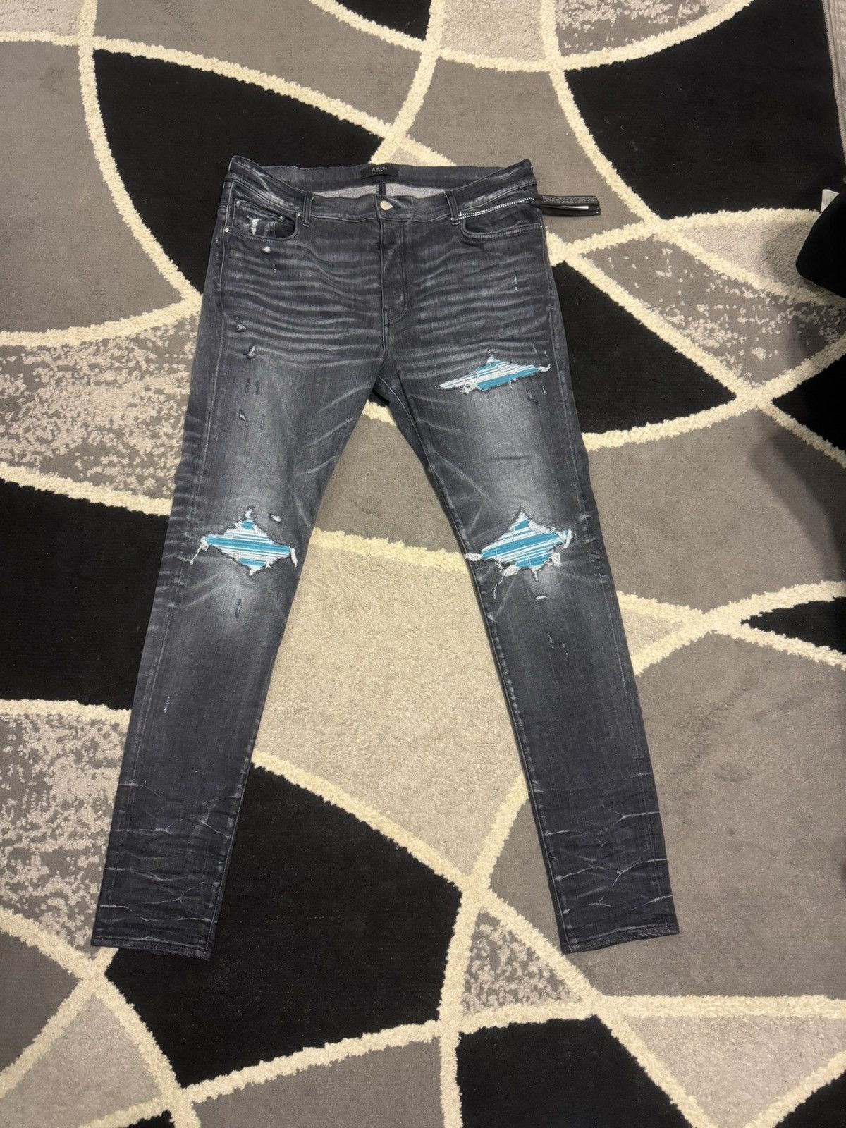 image of Amiri Grey Mx1 Teal Patches, Men's (Size 40)