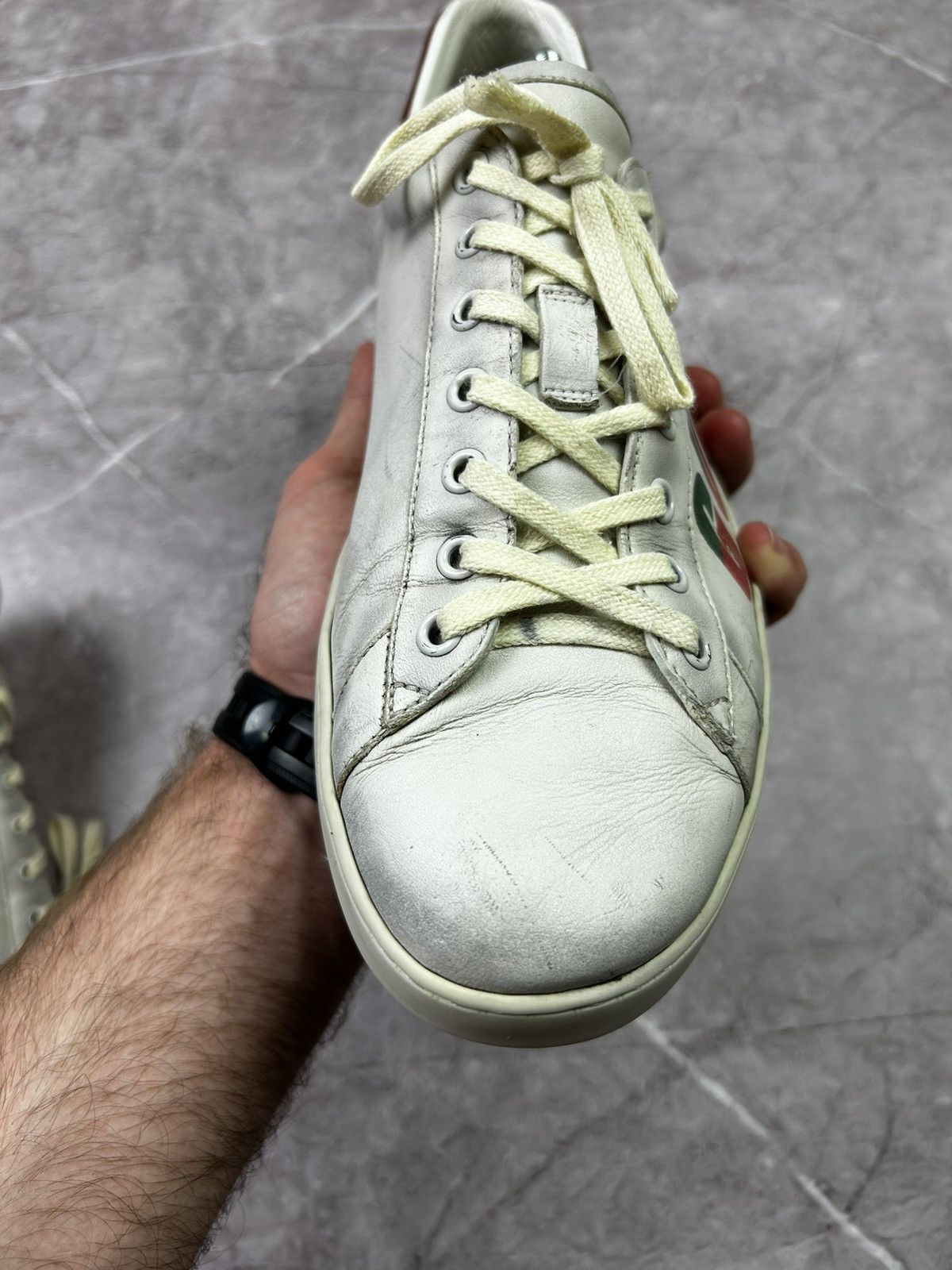 Designer Gucci Ace Blade Distressed Aged Lowtop sneakers Size US 10.5 / EU 43-44 - 11 Thumbnail