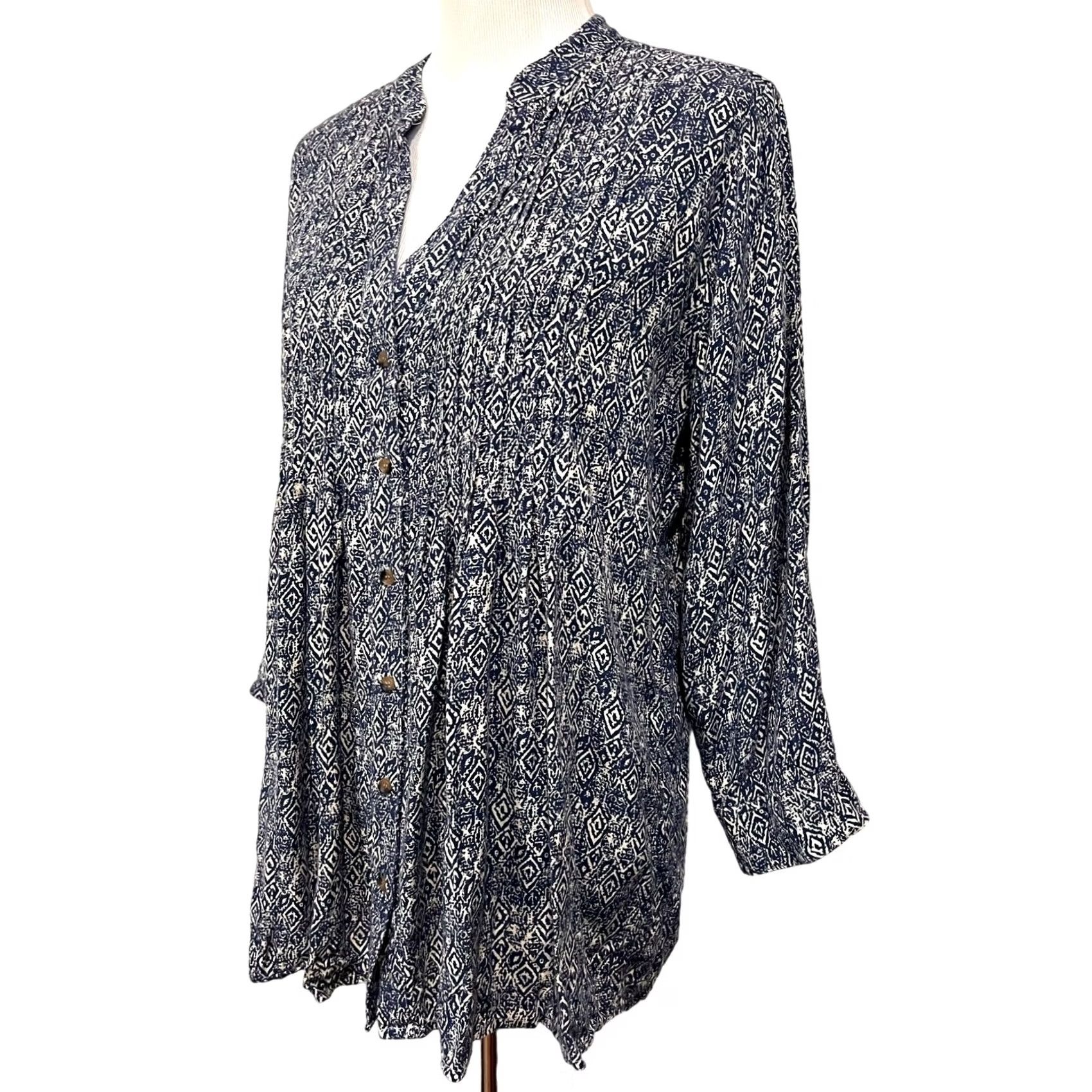 Vintage Rock Flower Paper Women’s Tunic Top Blouse Long Sleeve Pleated Blue White Sz M Clothing Shirt Womens Size M / US 6-8 / IT 42-44 - 3 Thumbnail
