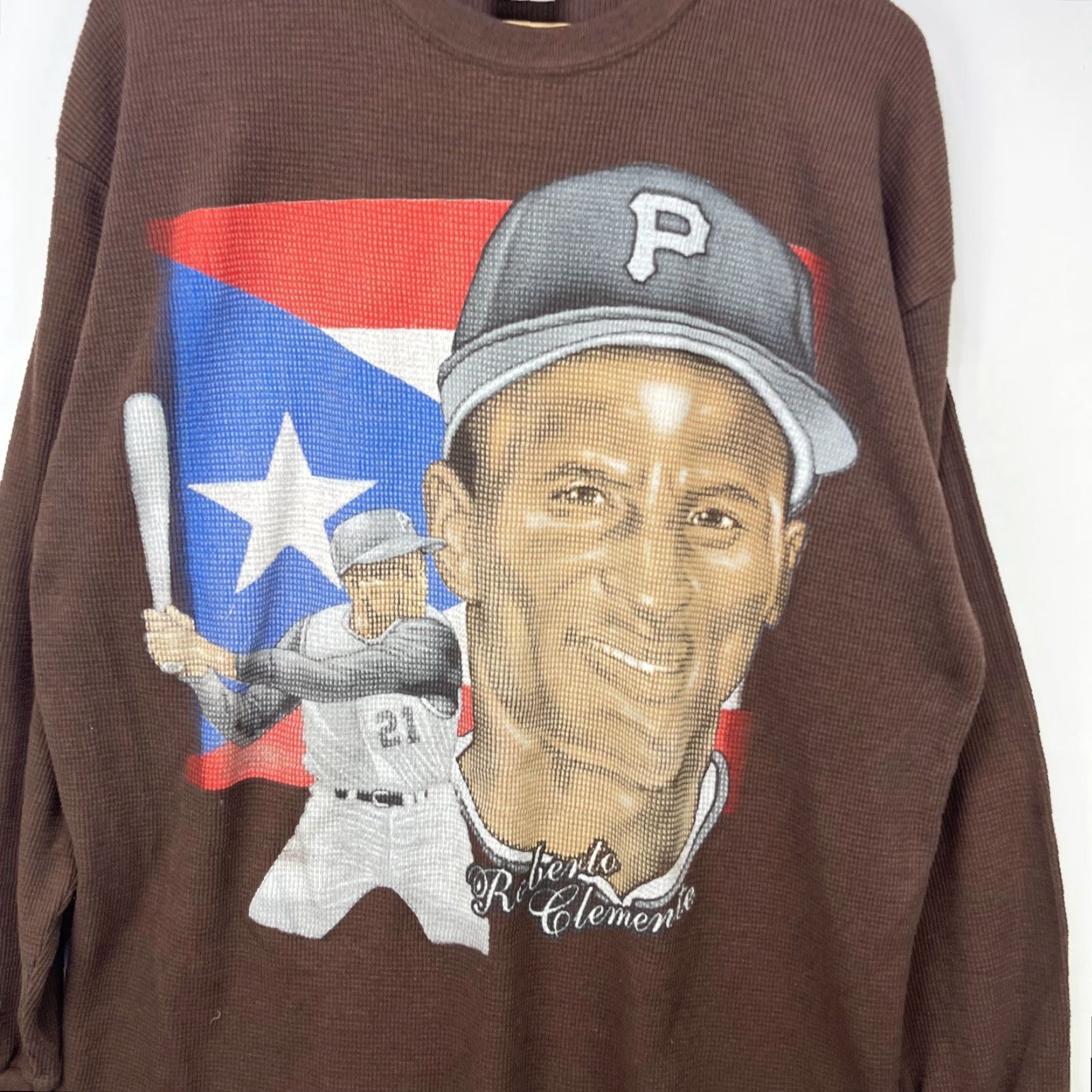 VINTAGE Roberto Clemente Big Print Long Sleeve Thermal Shirt XL Pirates
