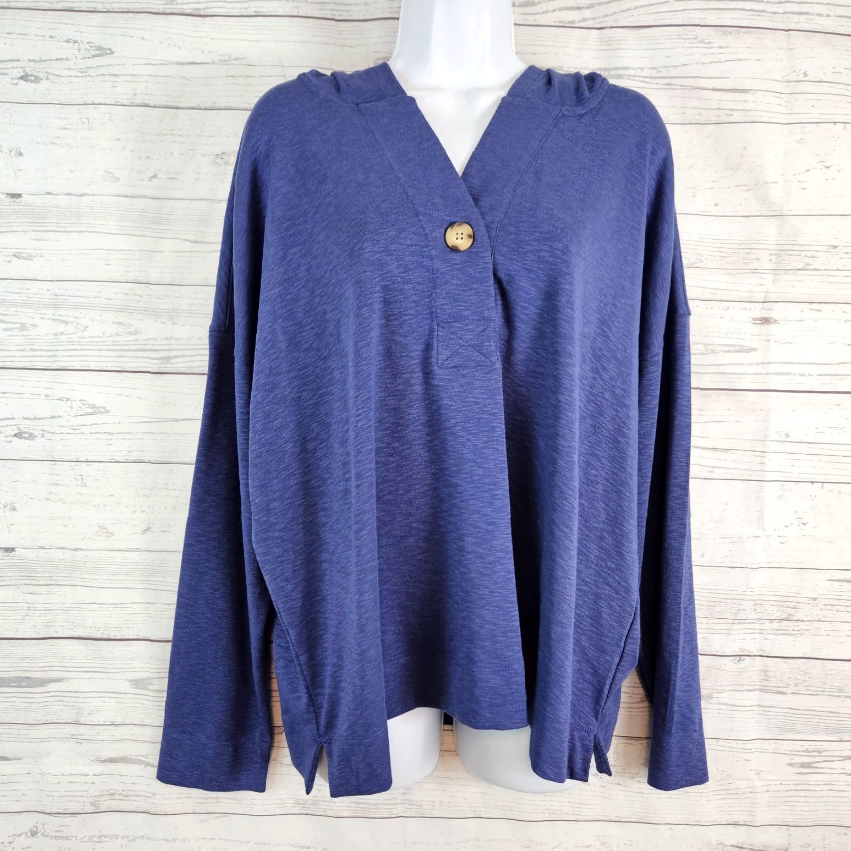 J. Jill J Jill Womens Hooded Pullover L Solid Blue Cotton Blend Long Sleeve Size L / US 10 / IT 46 - 2 Thumbnail