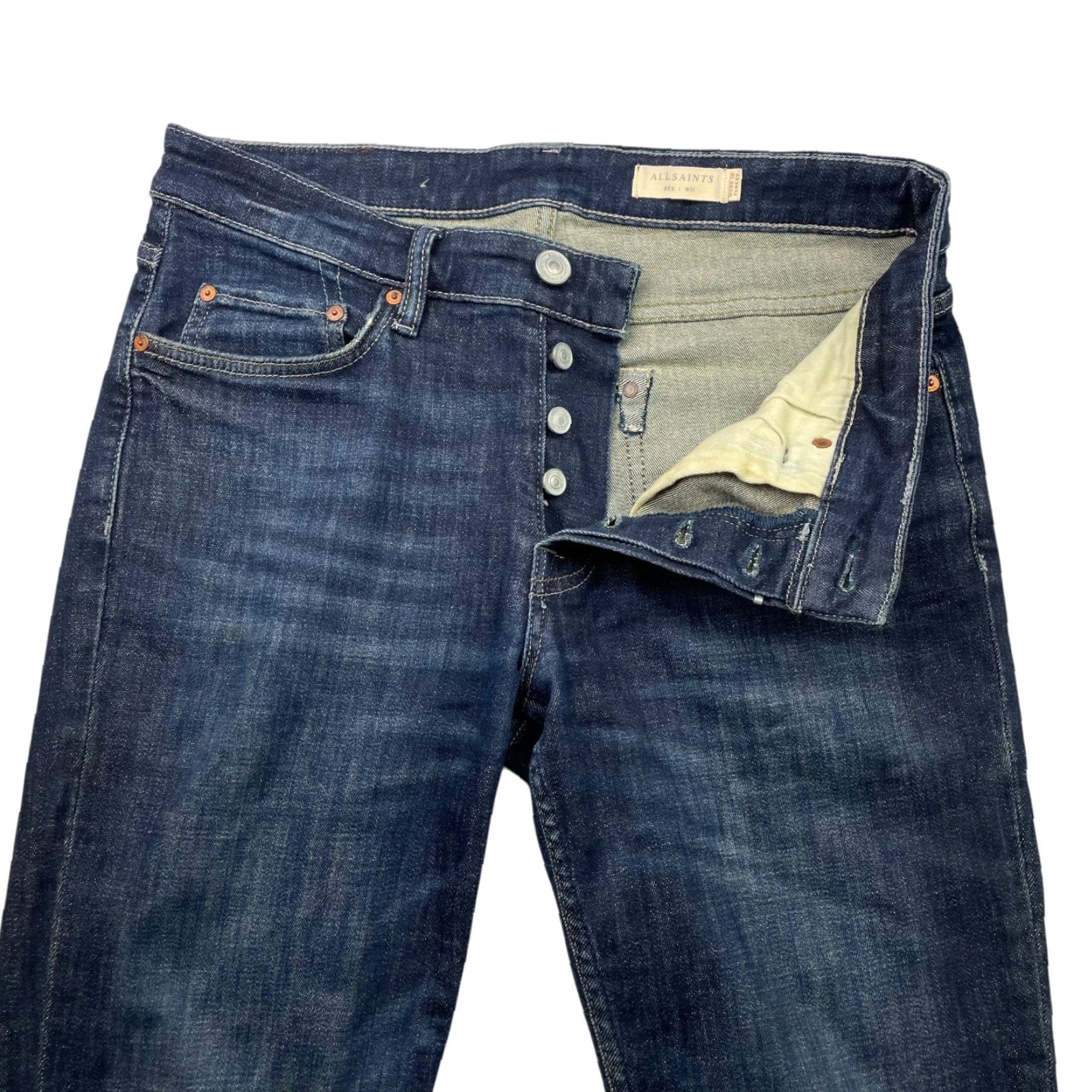 Allsaints AllSaints Jeans Rex Distressed Slim Button-Fly 31x32 Medium Wash Blue Mens Size US 31 - 5 Thumbnail