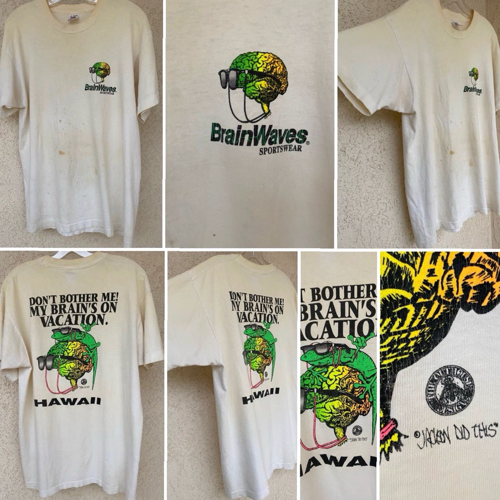 Fruit Of The Loom VINTAGE Brainwaves Hawaii Gecko T Shirt Mens L White Neon 90s Graphic Size US L / EU 52-54 / 3 - 6 Thumbnail
