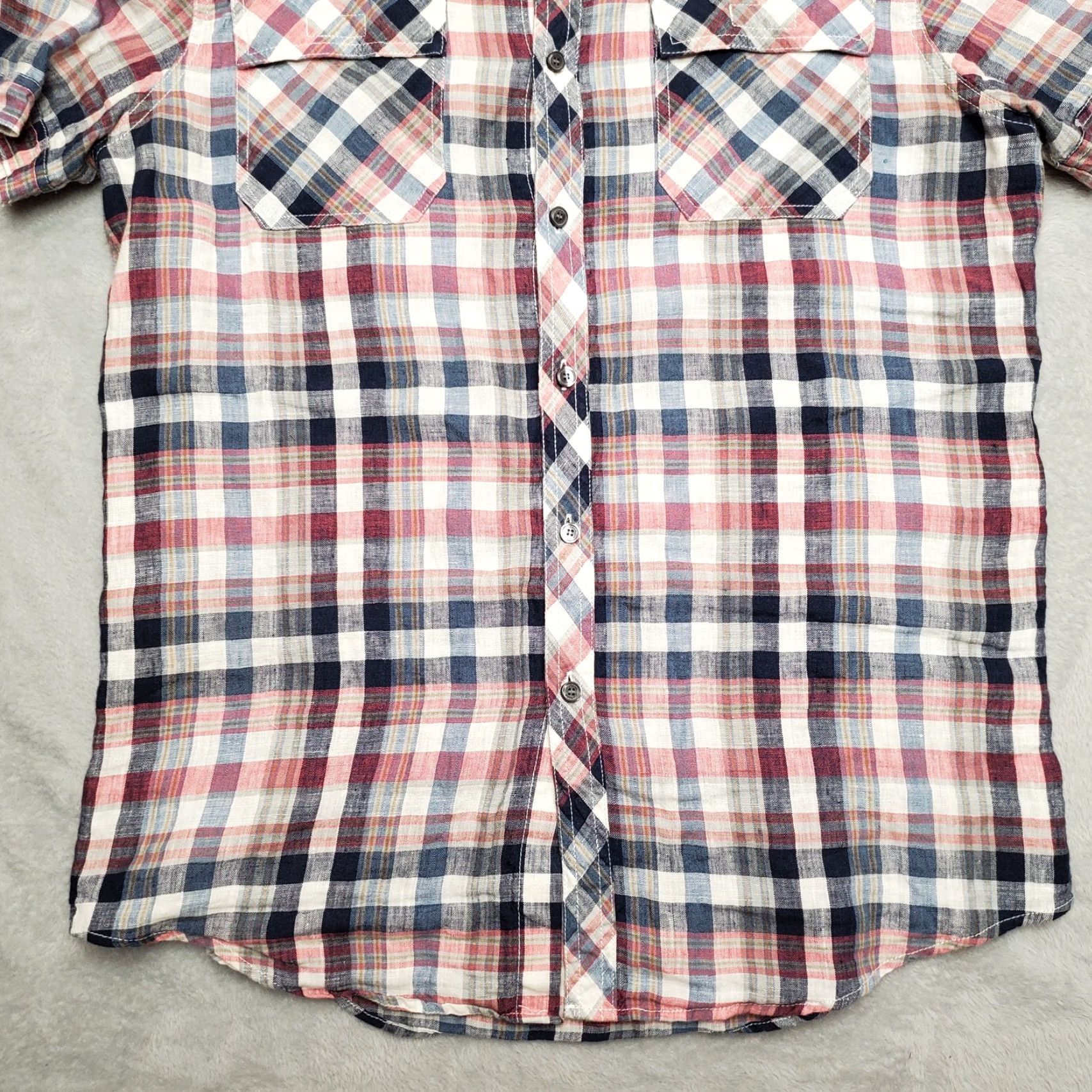 Murano Murano Shirt Mens L Blue Pink Plaid 100% Linen Short Sleeve Button Fitted Size US L / EU 52-54 / 3 - 3 Thumbnail