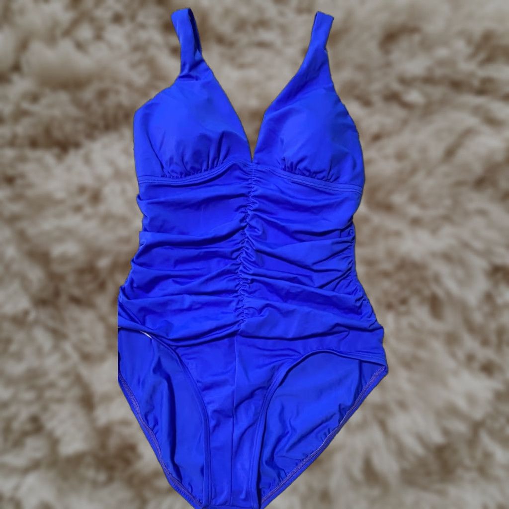 Jantzen One Piece Bathing Suit Blue Vneck Tummy Control 14 Women New Swimwear