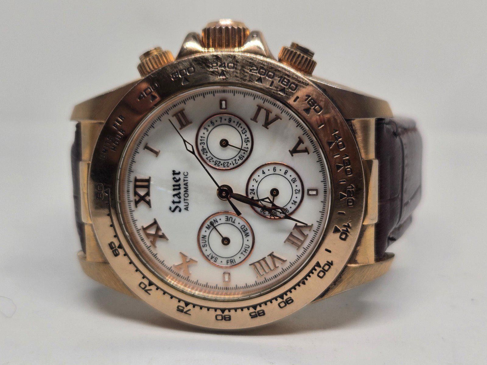 Designer Stauer Monaco Automatic Rose Gold Watch. New Leather Band in White, Men's