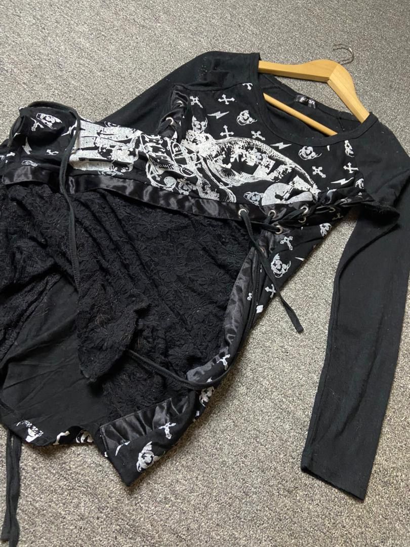 Japanese Brand Garnet Gothic Punk Long Sleeves Tshirt with Laces (177) Size XS / US 0-2 / IT 36-38 - 3 Thumbnail