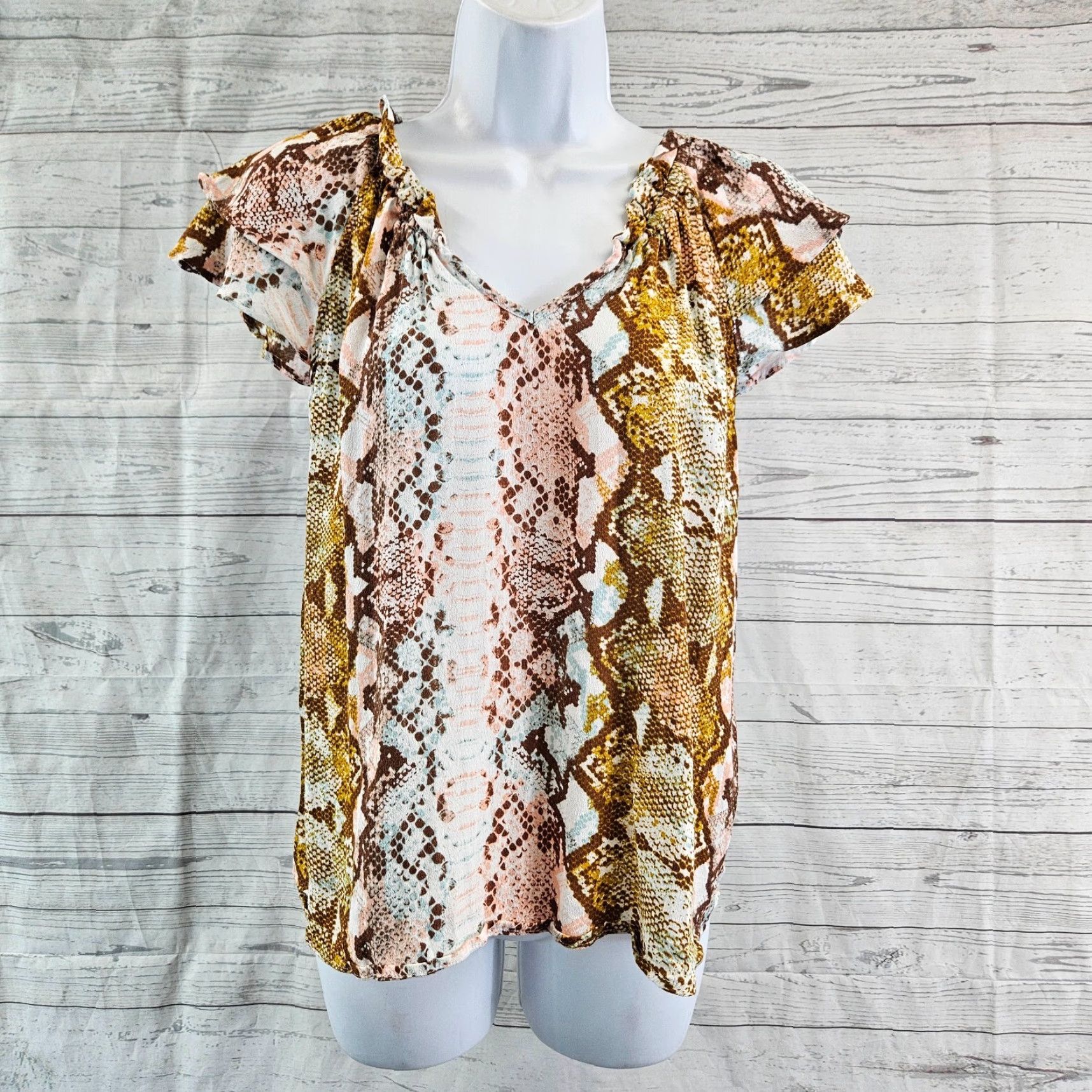 Wrangler Wrangler Retro Womens Blouse Shirt Pink Brown Snakeskin Print Short Sleeve Size M Medium Size M / US 6-8 / IT 42-44 - 2 Thumbnail