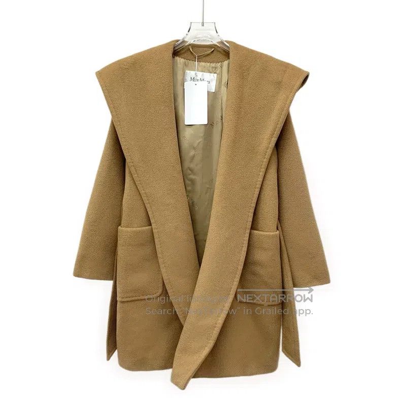 Max Mara Brown Camel Hair Hooded Belted Long-Sleeve Coat