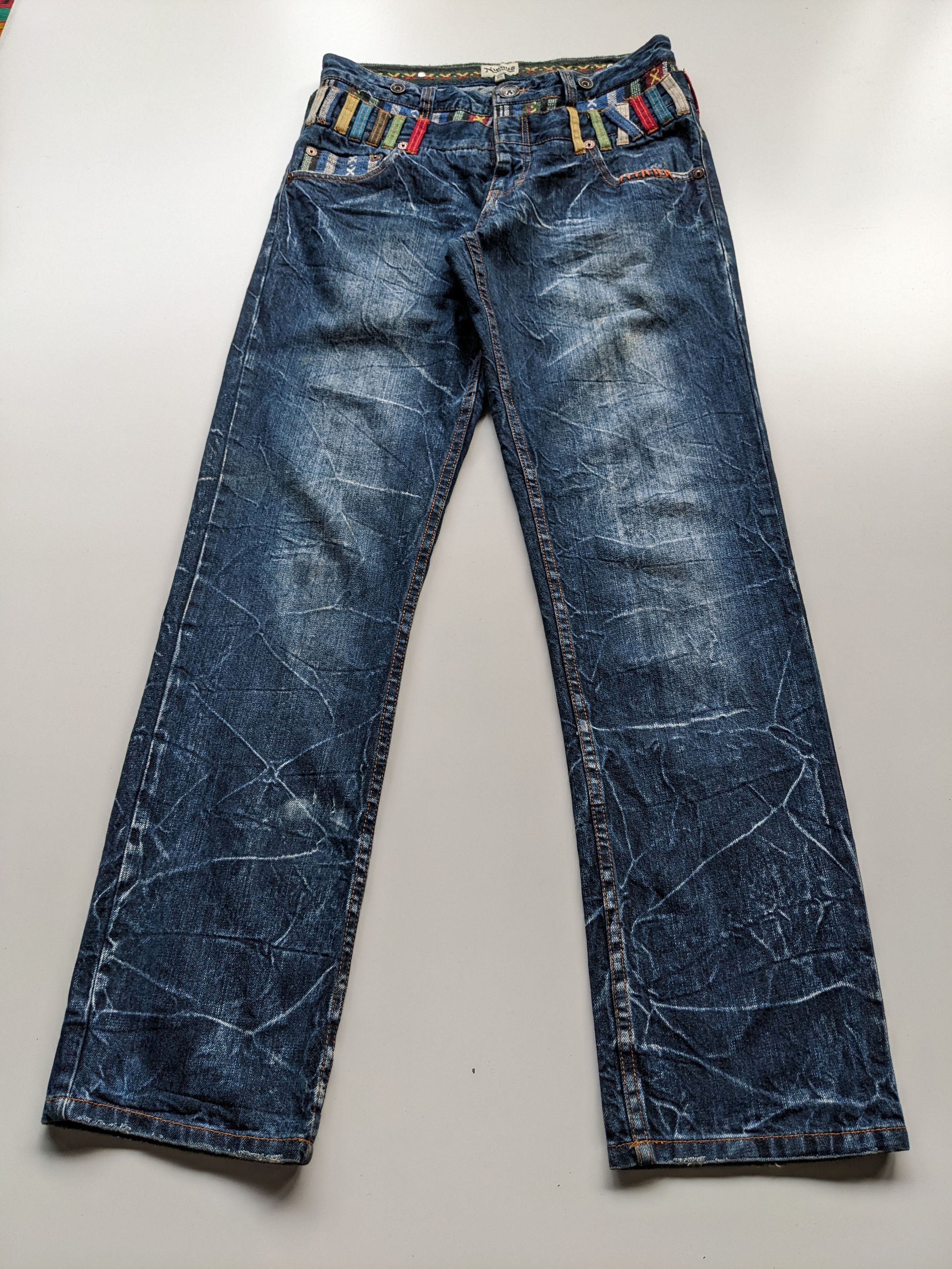 Japanese Brand × Le Grande Bleu (L.G.B.) × PPFM Nylaus double waist multicolor distressed jeans Size US 33 - 1 Thumbnail